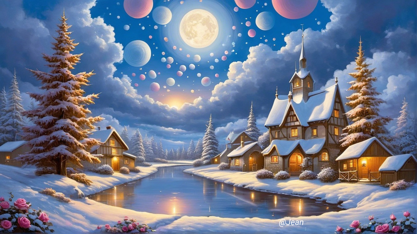 Winter Landscape with Village, River, and Twilight Sky