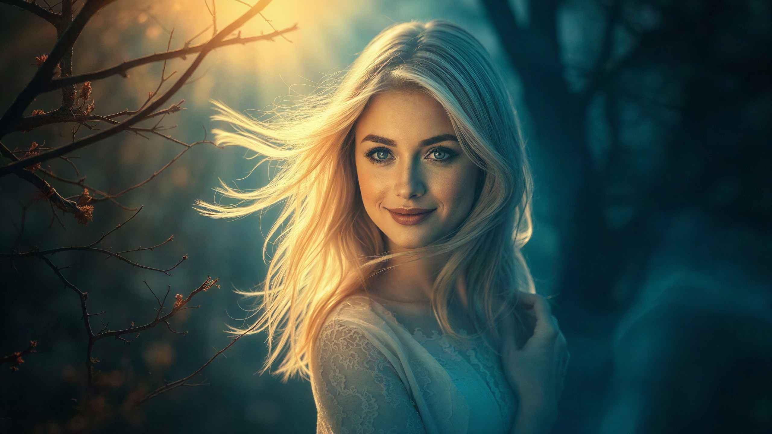 Young Blonde Woman in Lace Dress in Forest Setting