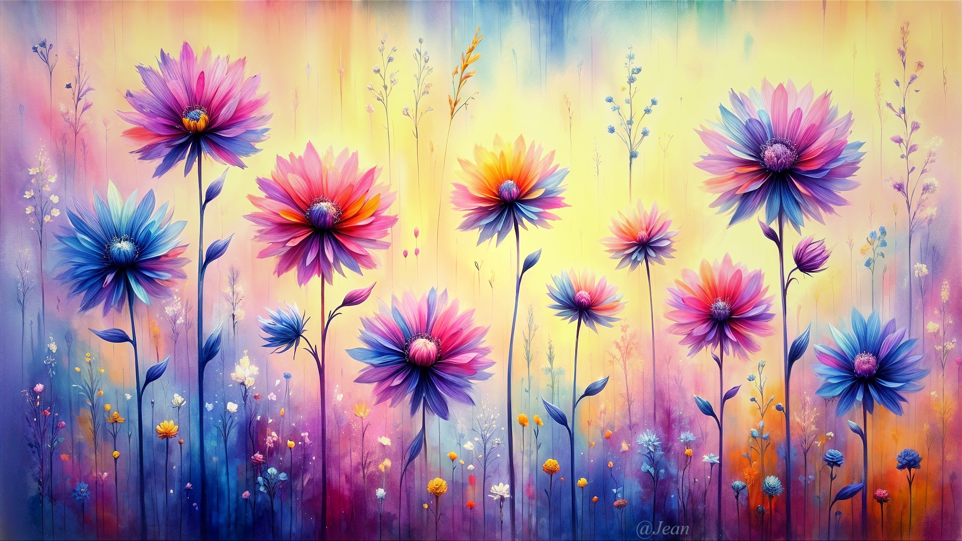 Vibrant Floral Landscape with Stylized Flowers and Colors