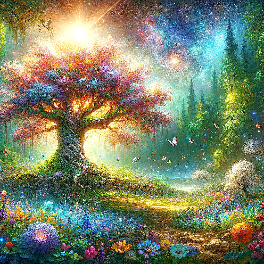 Vibrant Mystical Landscape with Grand Tree and River