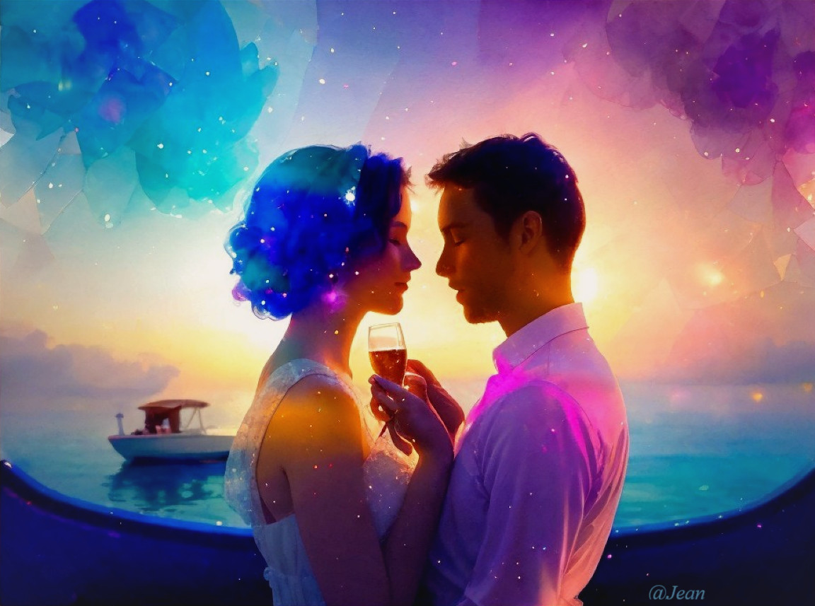 Romantic Sunset Scene with Couple and Boat Background