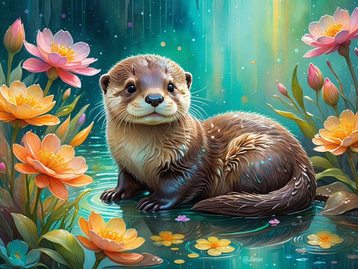 Otter by a Tranquil Pond with Colorful Flowers