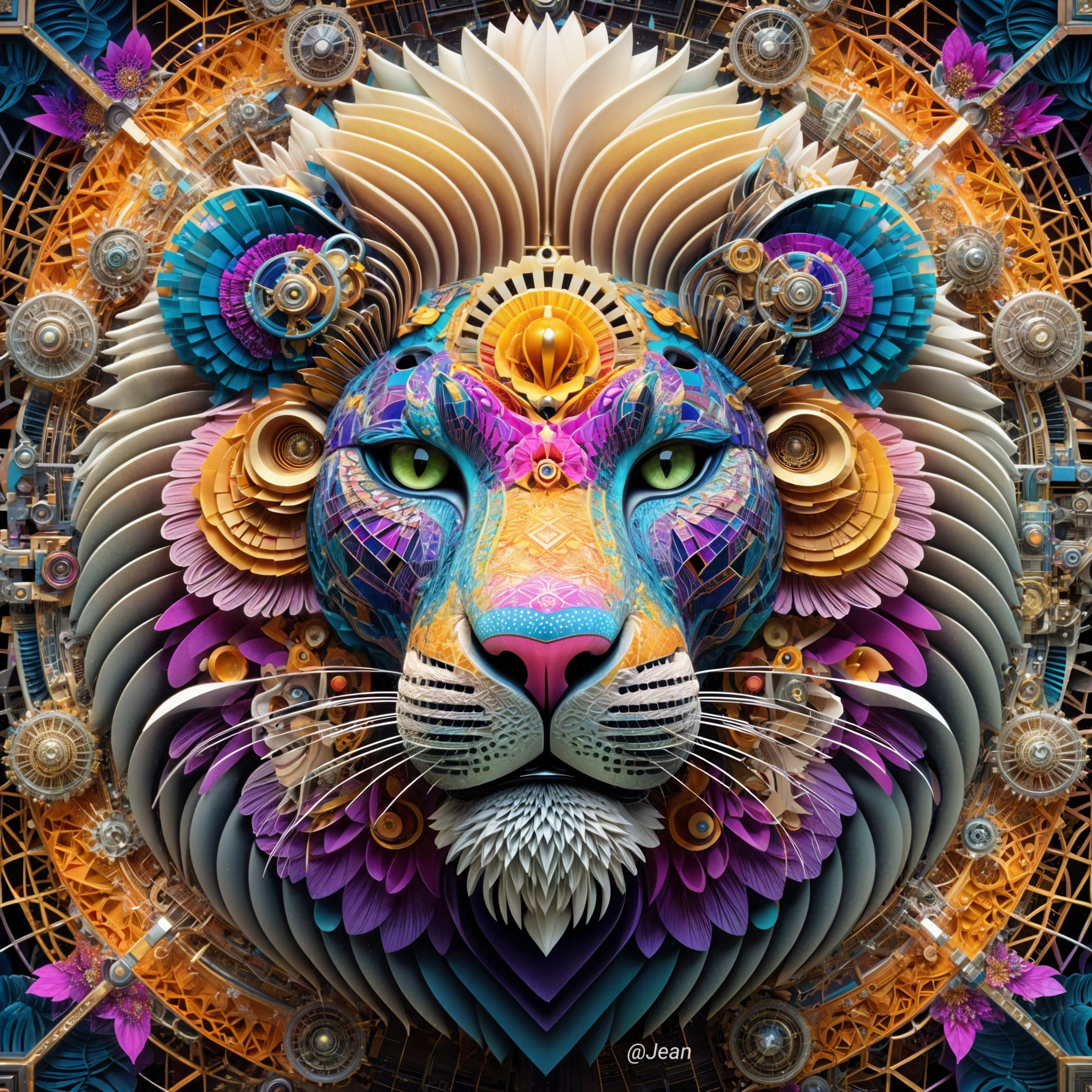 Intricate Lion Face Design with Floral Patterns