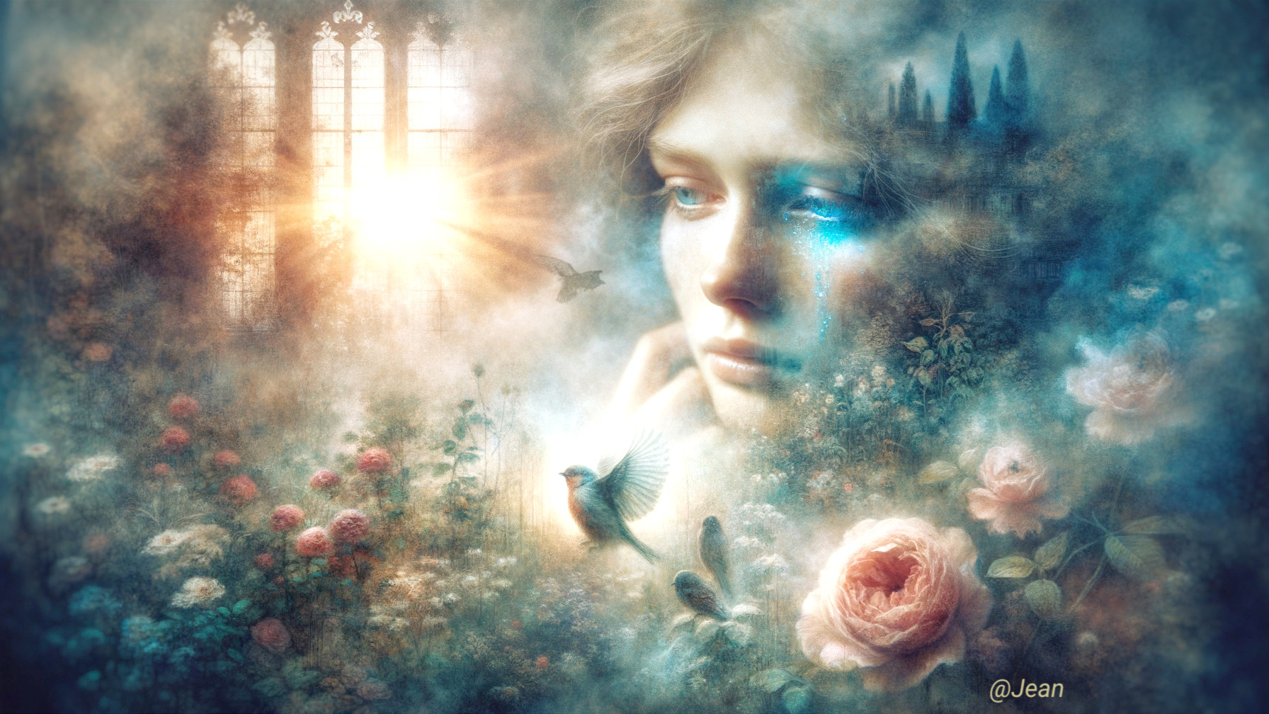 Ethereal Painting of Woman's Face in Blooming Garden