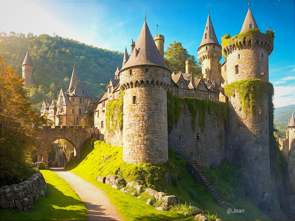 Fairy-tale castle on hillside with whimsical architecture