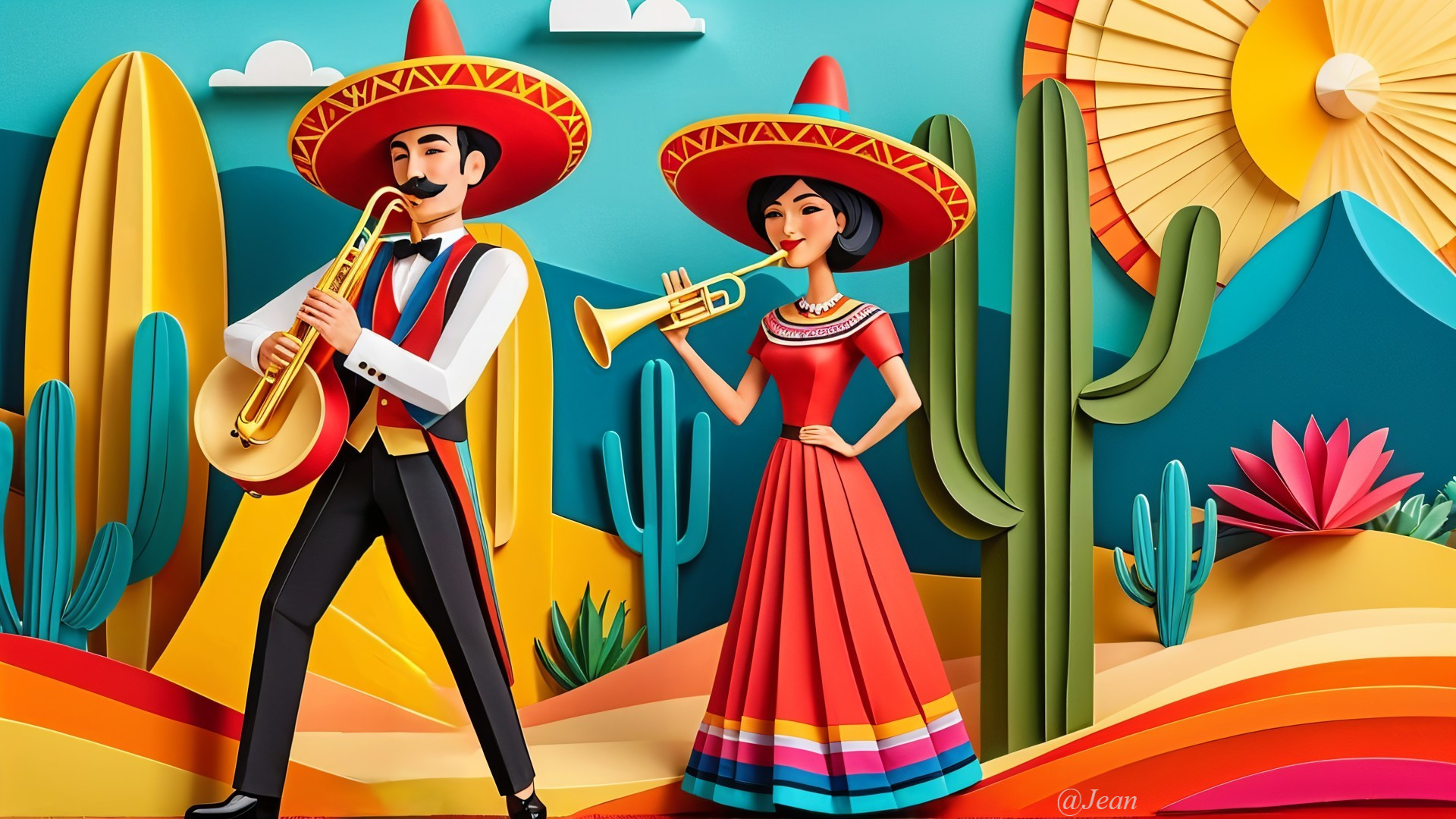 Vibrant Paper Cut-Out Scene of Musicians in Desert