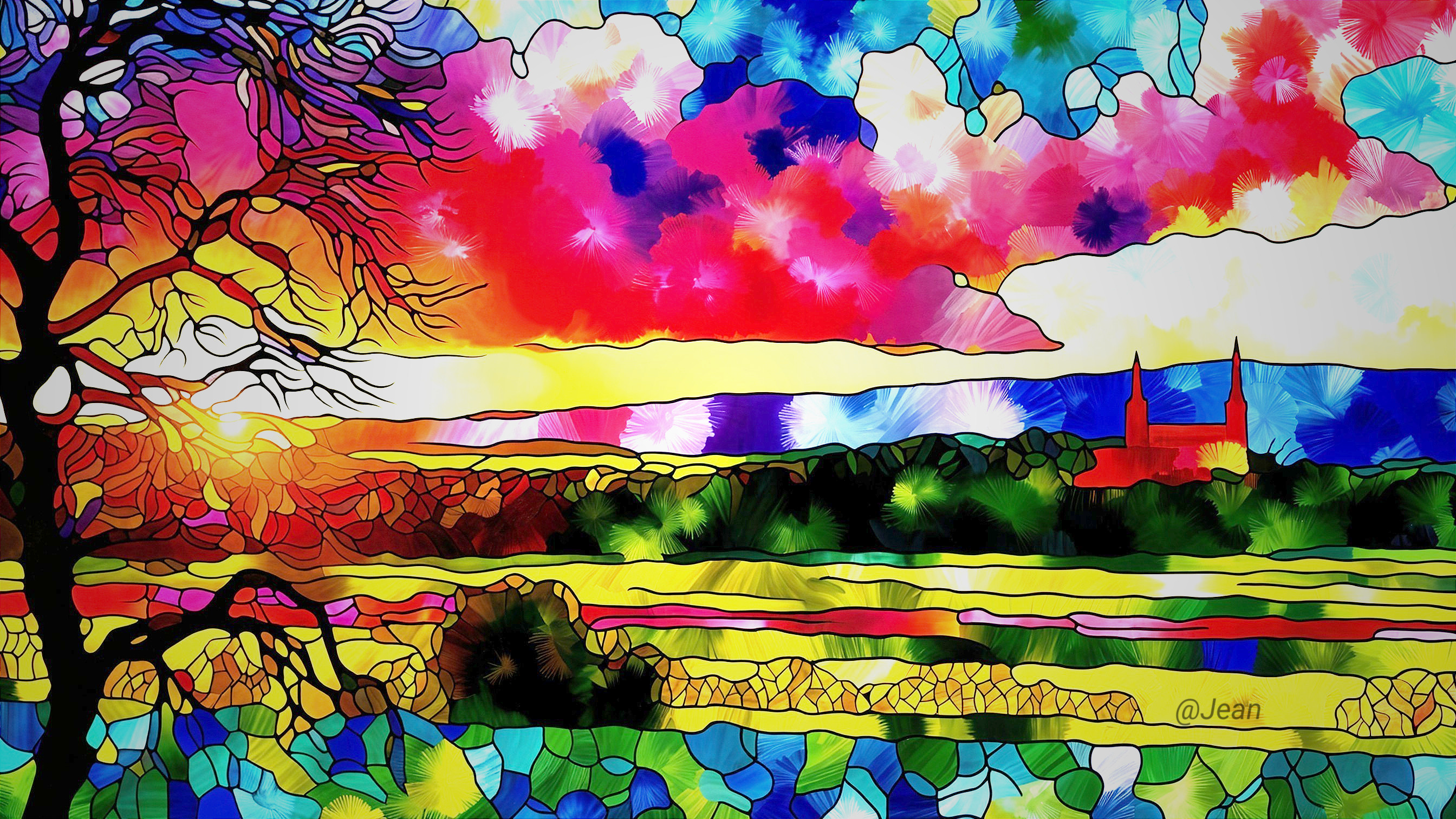 Abstract Landscape with Vibrant Sunset and Tree Silhouette