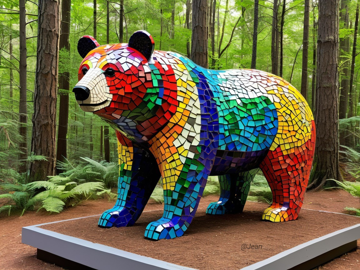 Vibrant Mosaic Bear Sculpture in a Green Forest
