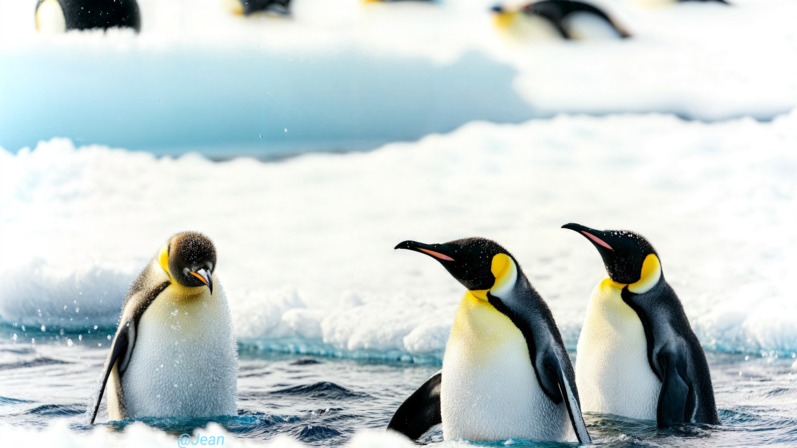 Emperor penguins on ice in a serene Arctic landscape