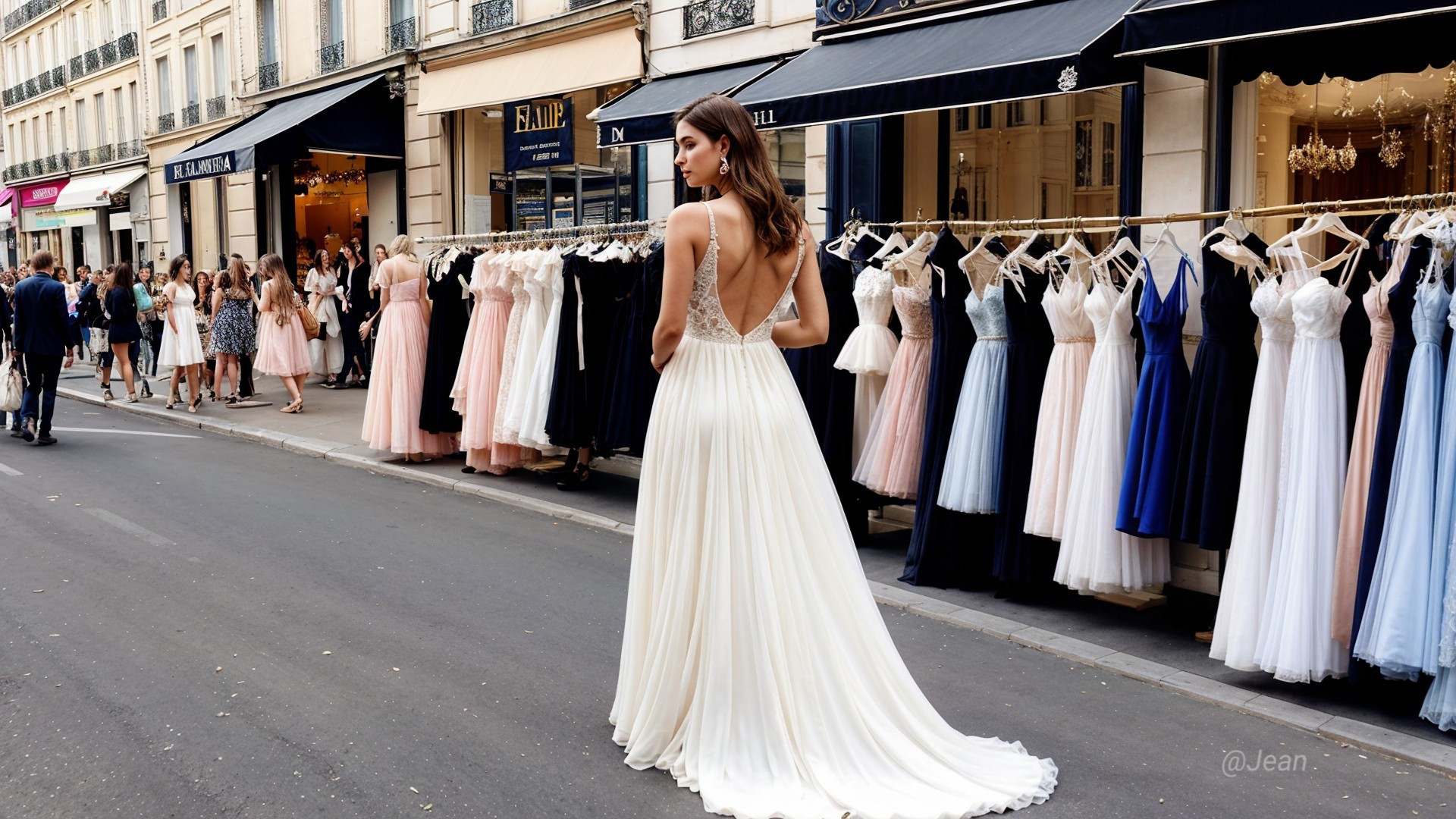 Bride in Elegant White Gown Amid Boutique Street