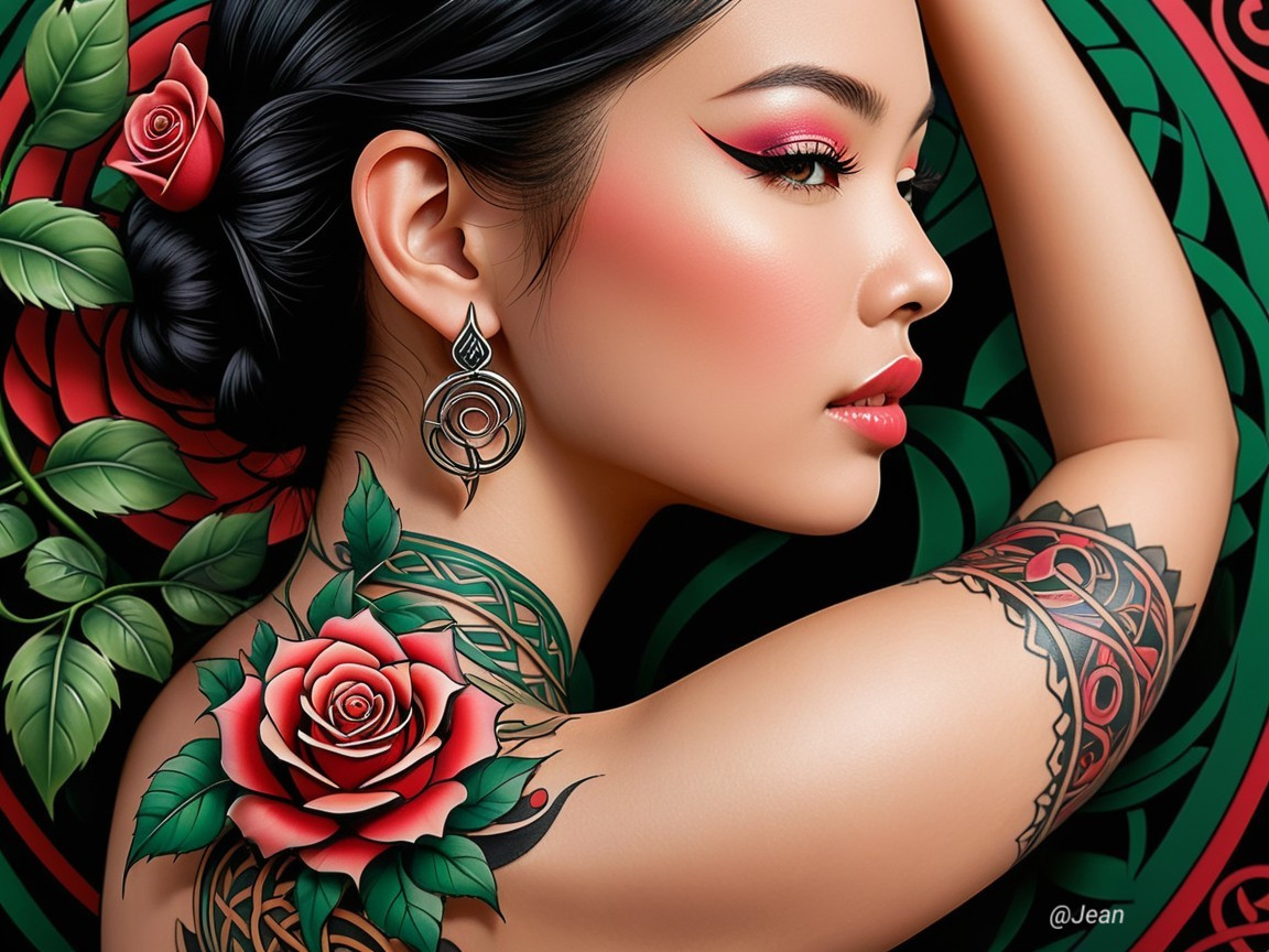 Portrait of a Woman with Vibrant Tattoos and Makeup