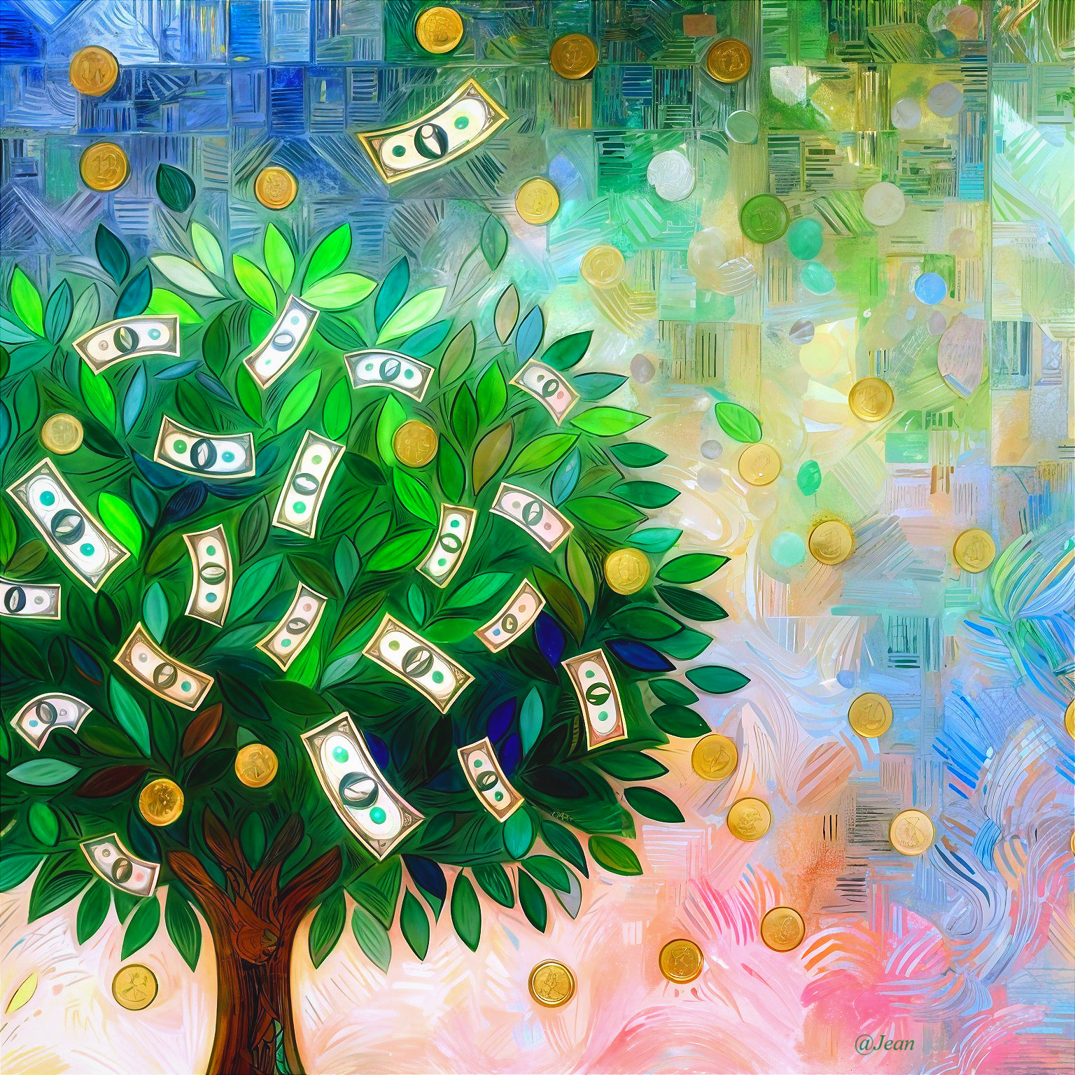 Abstract Illustration of a Prosperous Tree with Currency