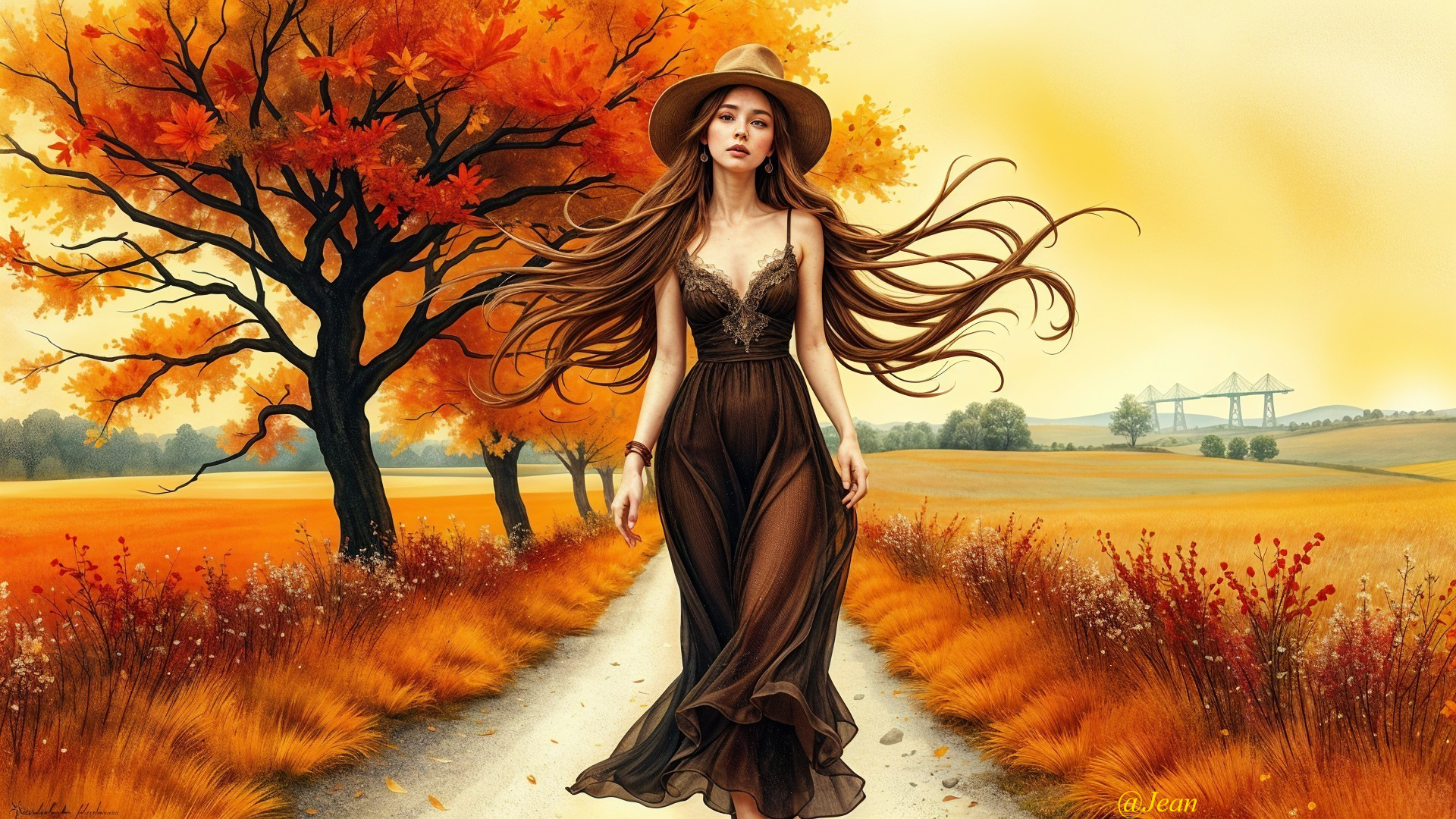 Young Woman in Autumn Landscape with Flowing Dress
