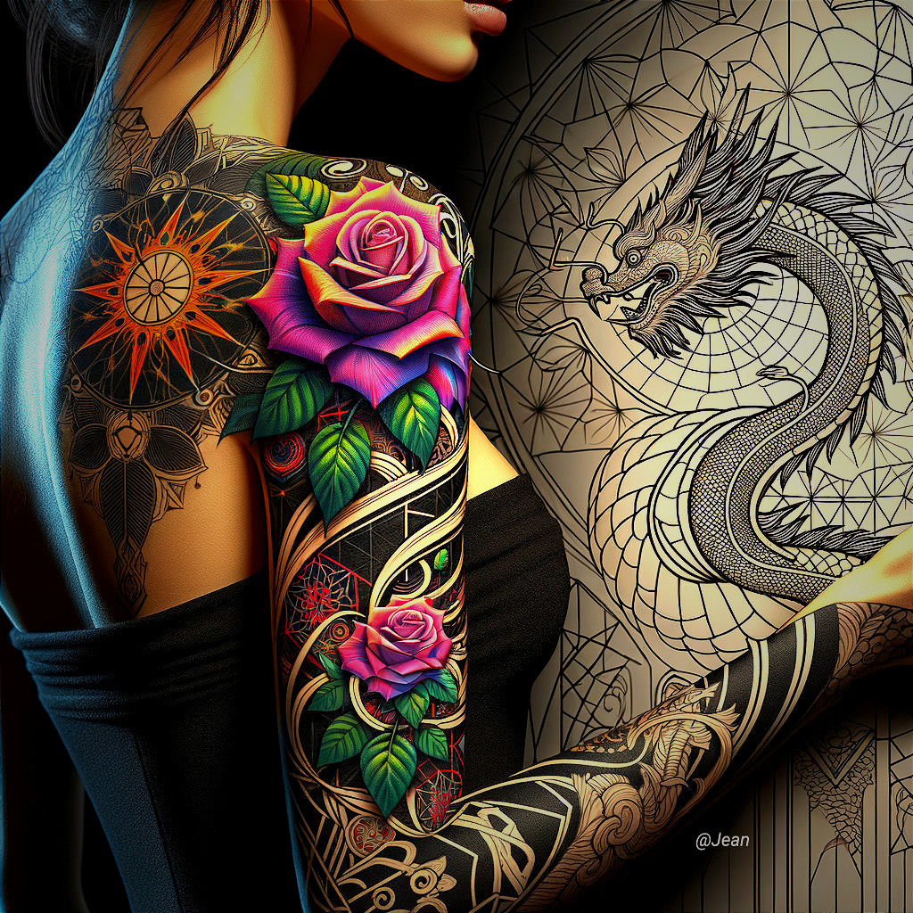 Tattoo Sleeve with Roses and Dragon Illustration