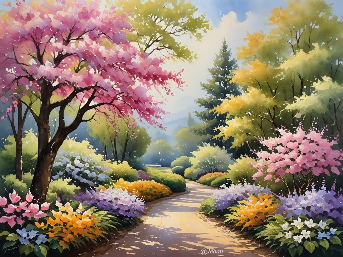 Serene Landscape with Winding Path and Vibrant Trees