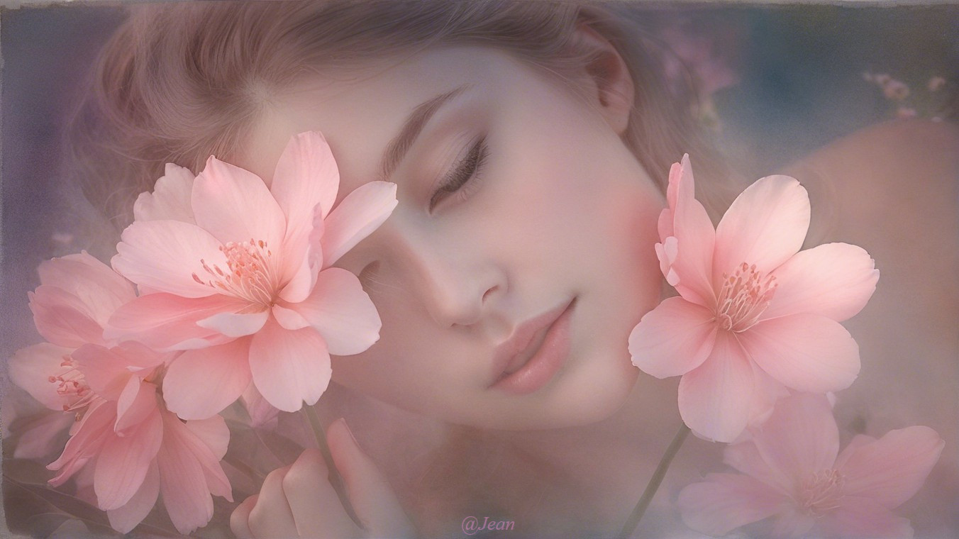Portrait of a woman among pink blossoms in nature
