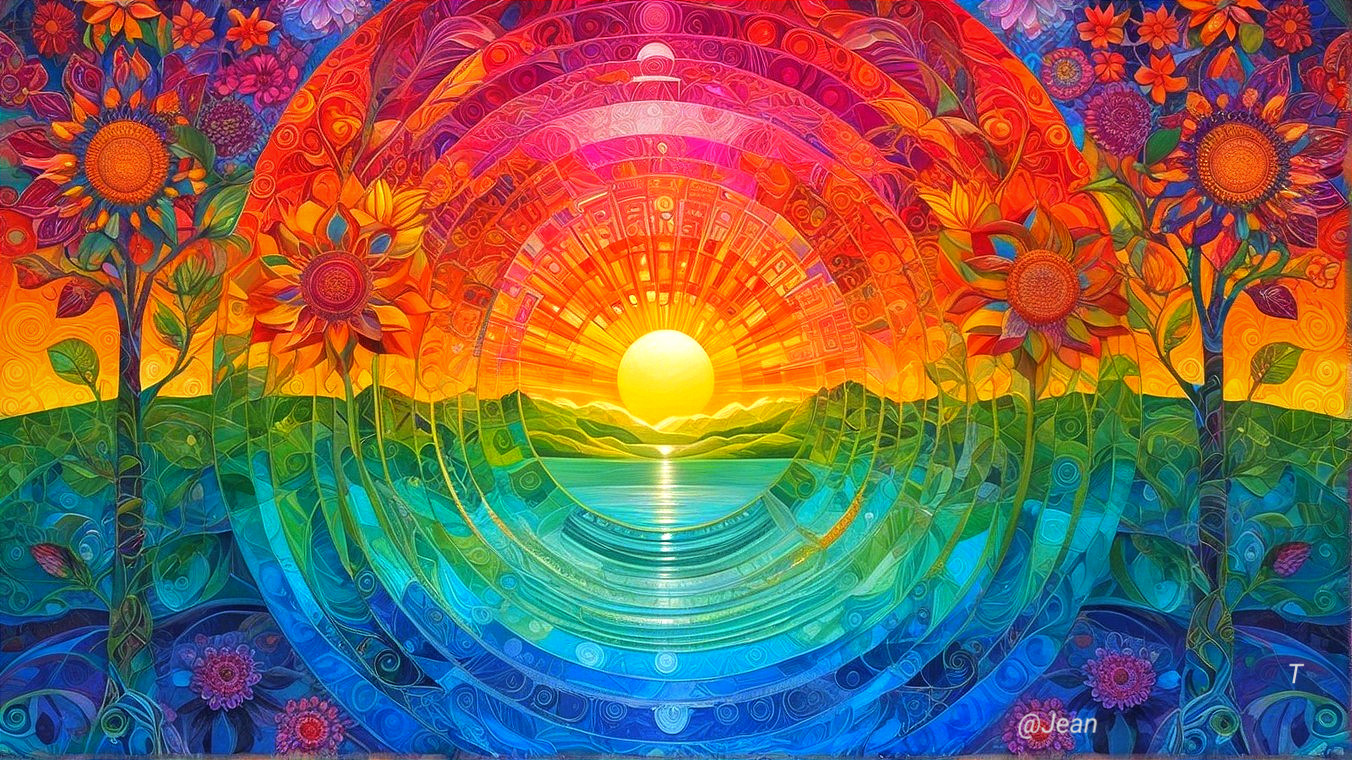 Vibrant Sunset with Sunflowers and Tranquil Waters