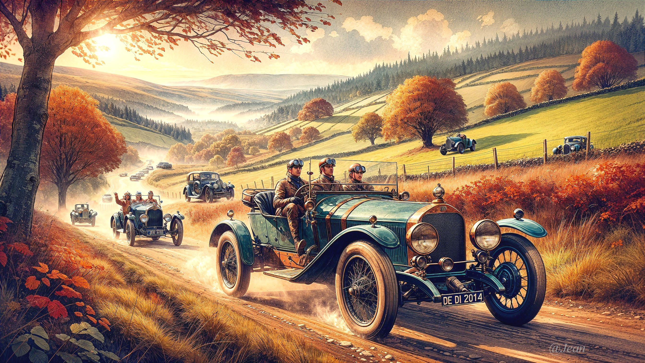 Autumn Landscape with Vintage Cars on Winding Road