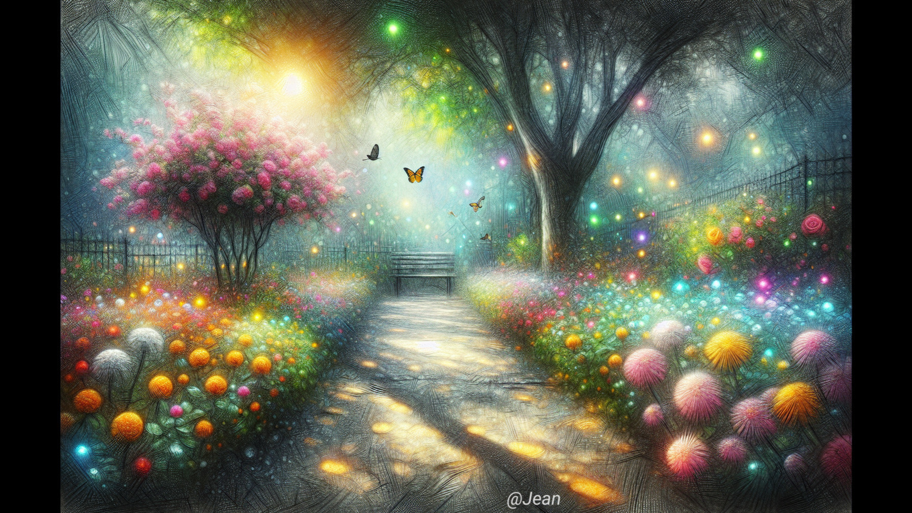 Whimsical Garden with Vibrant Flowers and Butterflies