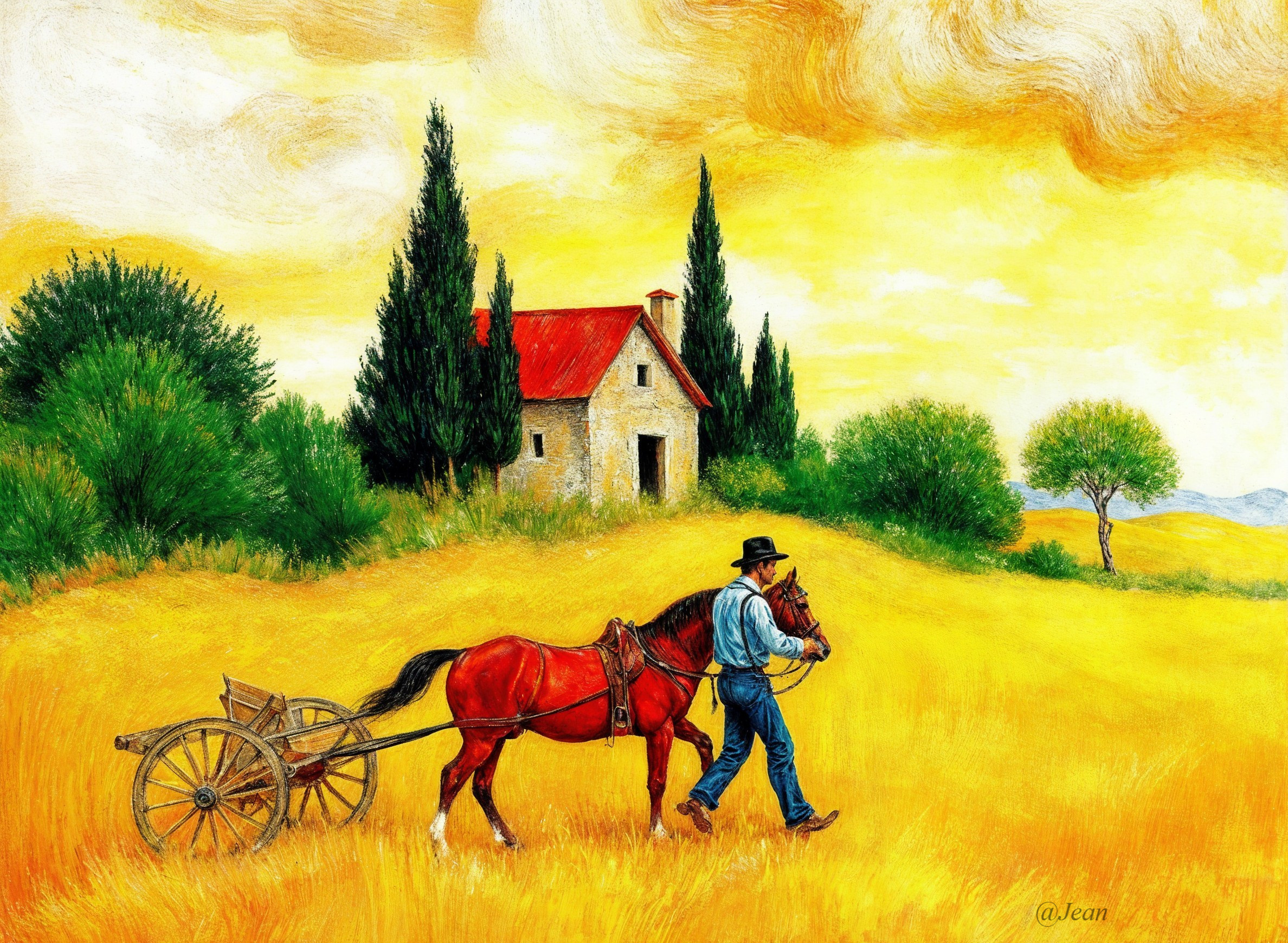 Man and Brown Horse Pulling Cart in Golden Field