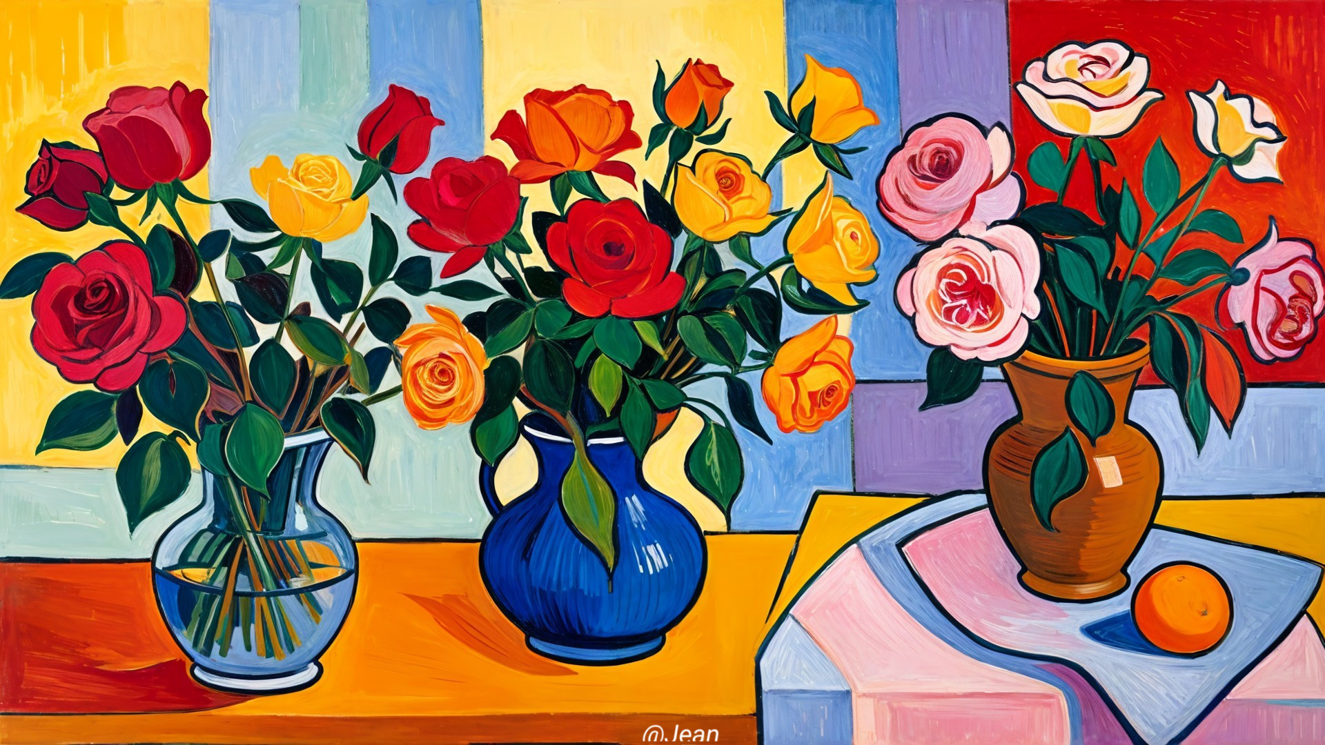 Vibrant Still Life with Colorful Roses and Abstract Background