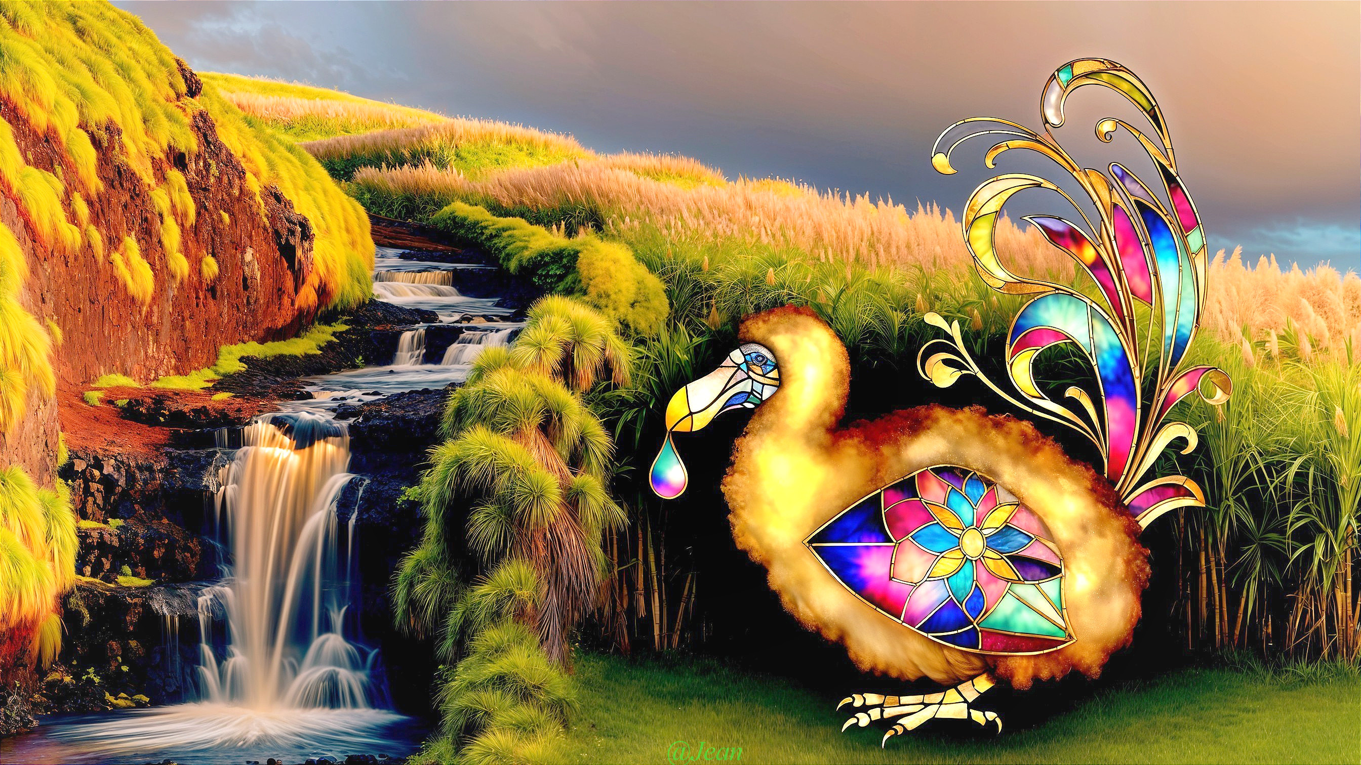 Cascading Waterfall with Colorful Dodo Bird Art