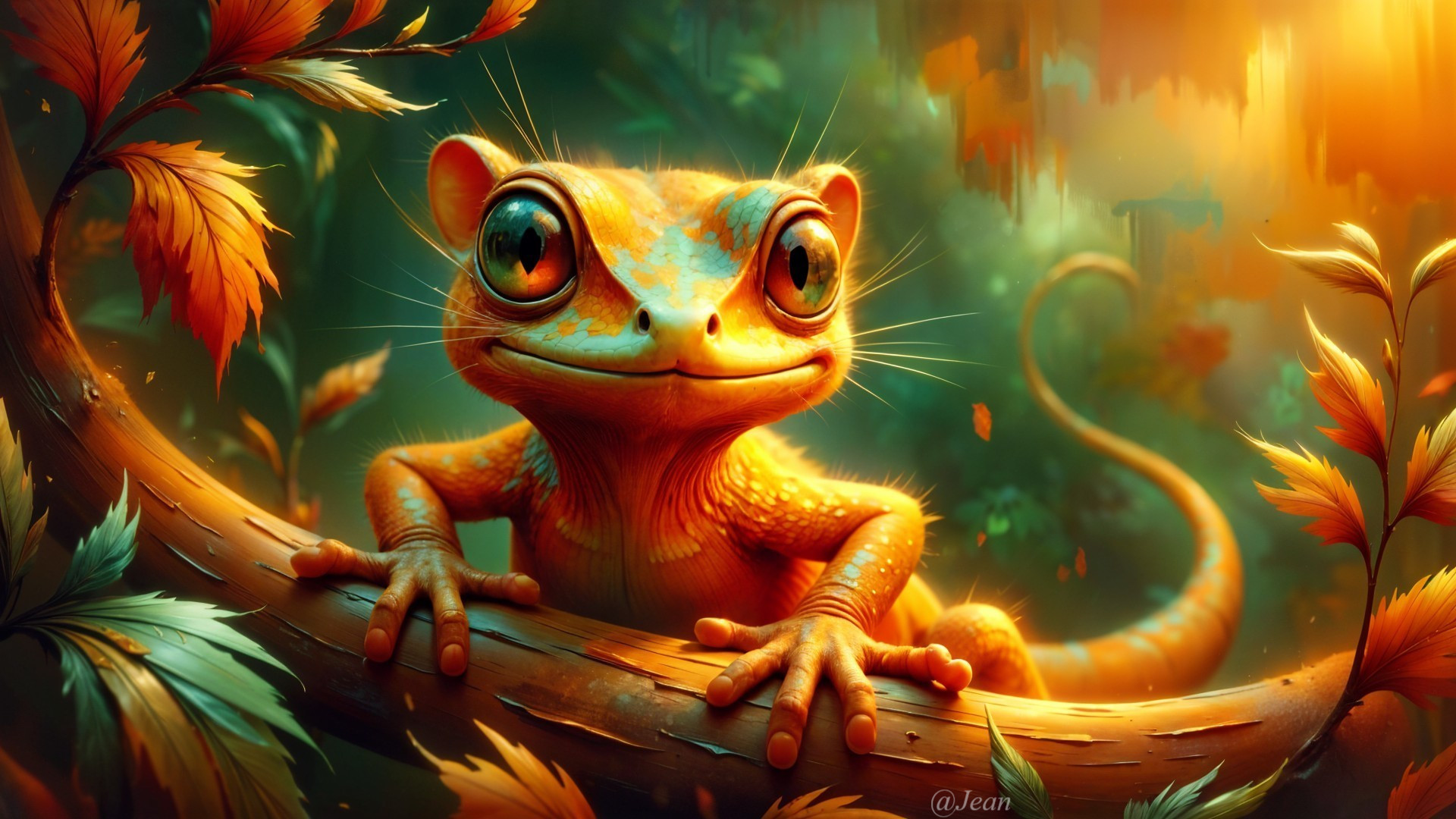 Vibrant Gecko on Branch in Colorful Autumn Setting