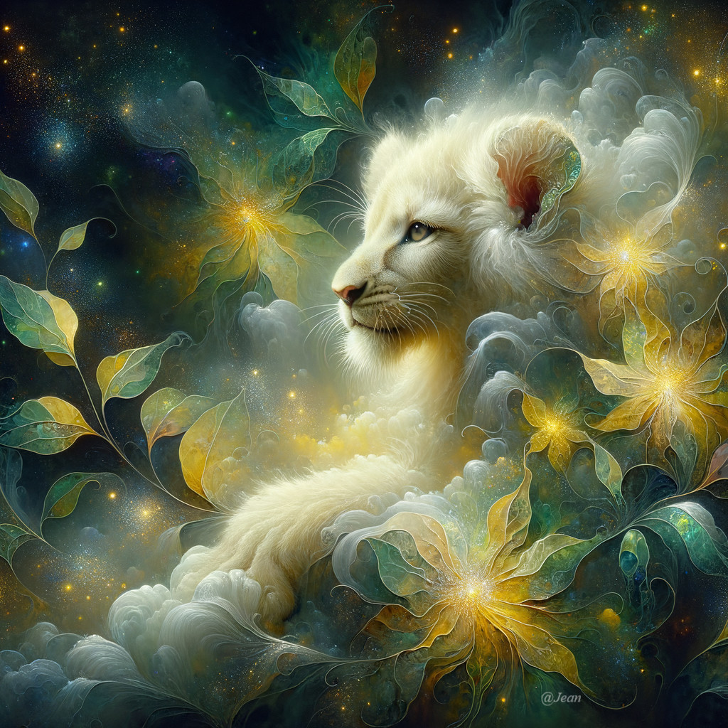 White Lion Cub in Ethereal Cloud and Flower Background