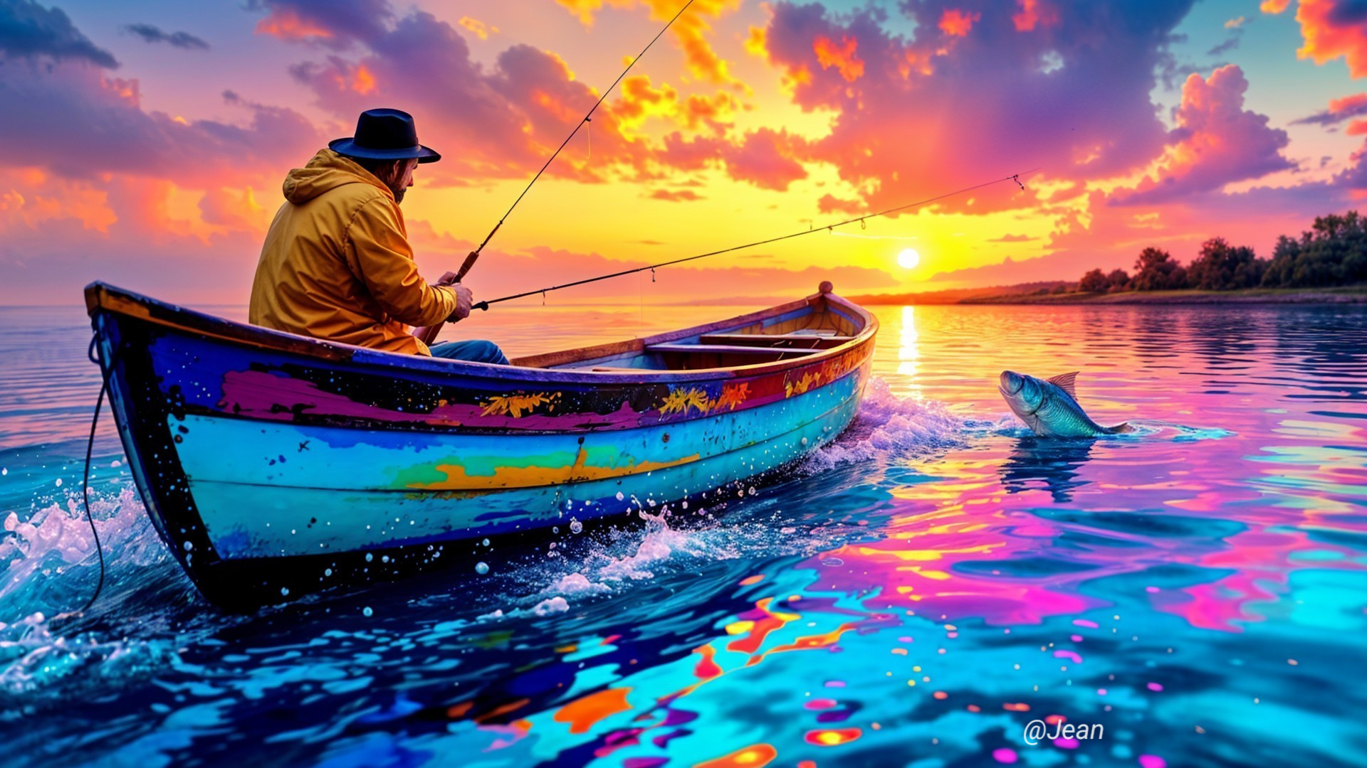 Vibrant Sunset Over Fisherman in Colorful Boat