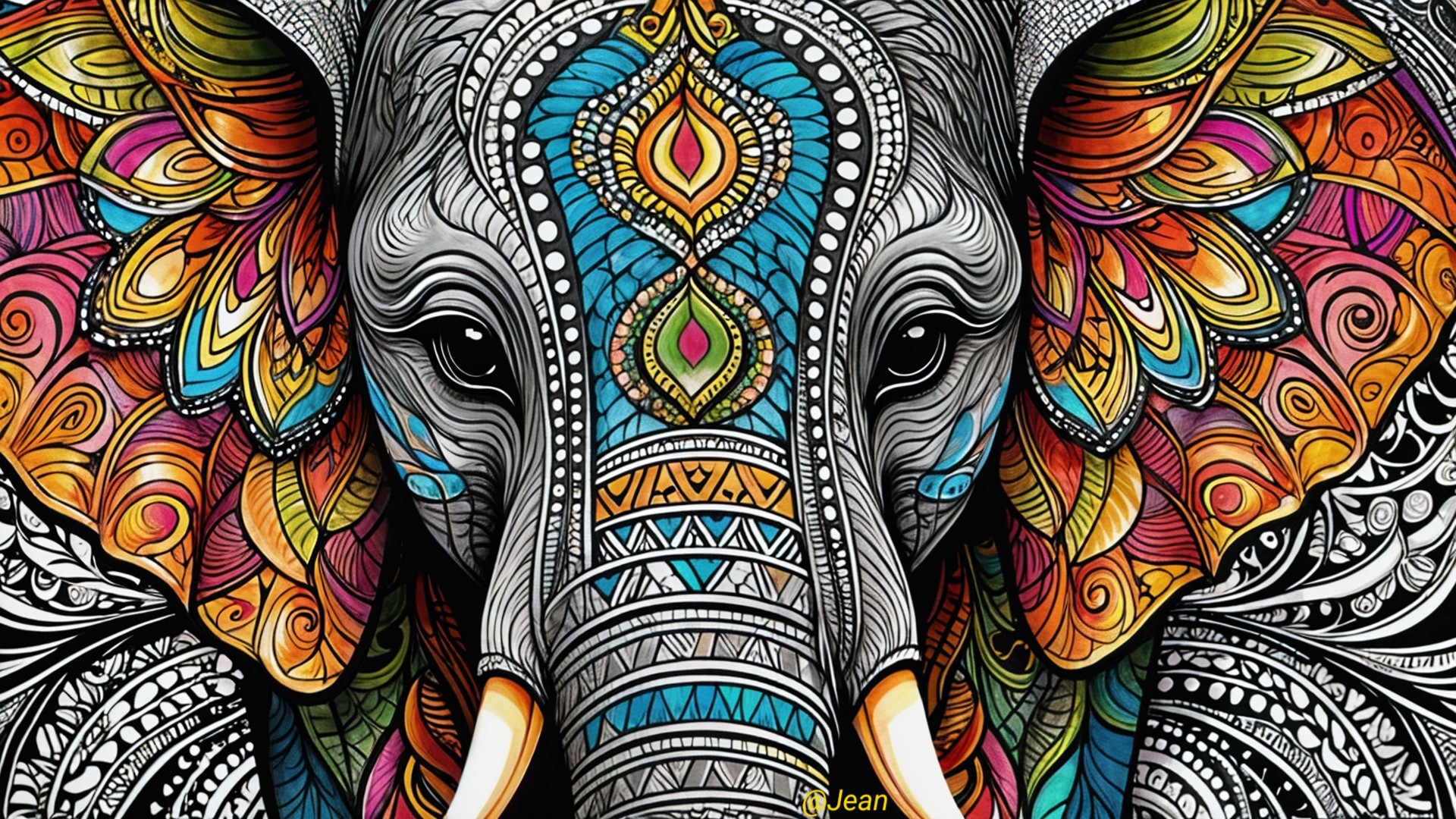 Detailed Illustration of a Colorful Elephant's Face