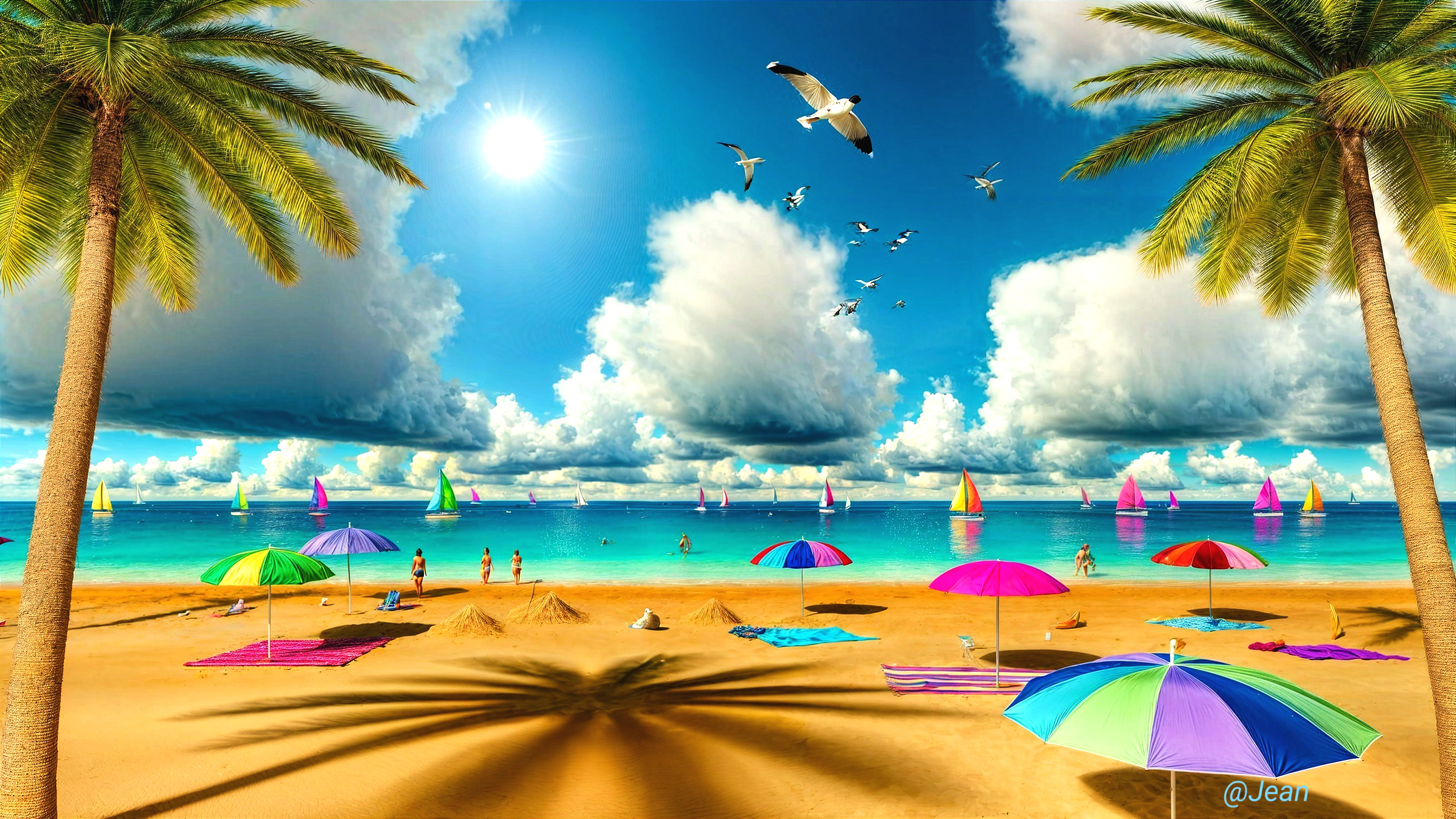 Vibrant Beach Scene with Colorful Umbrellas and Sailboats