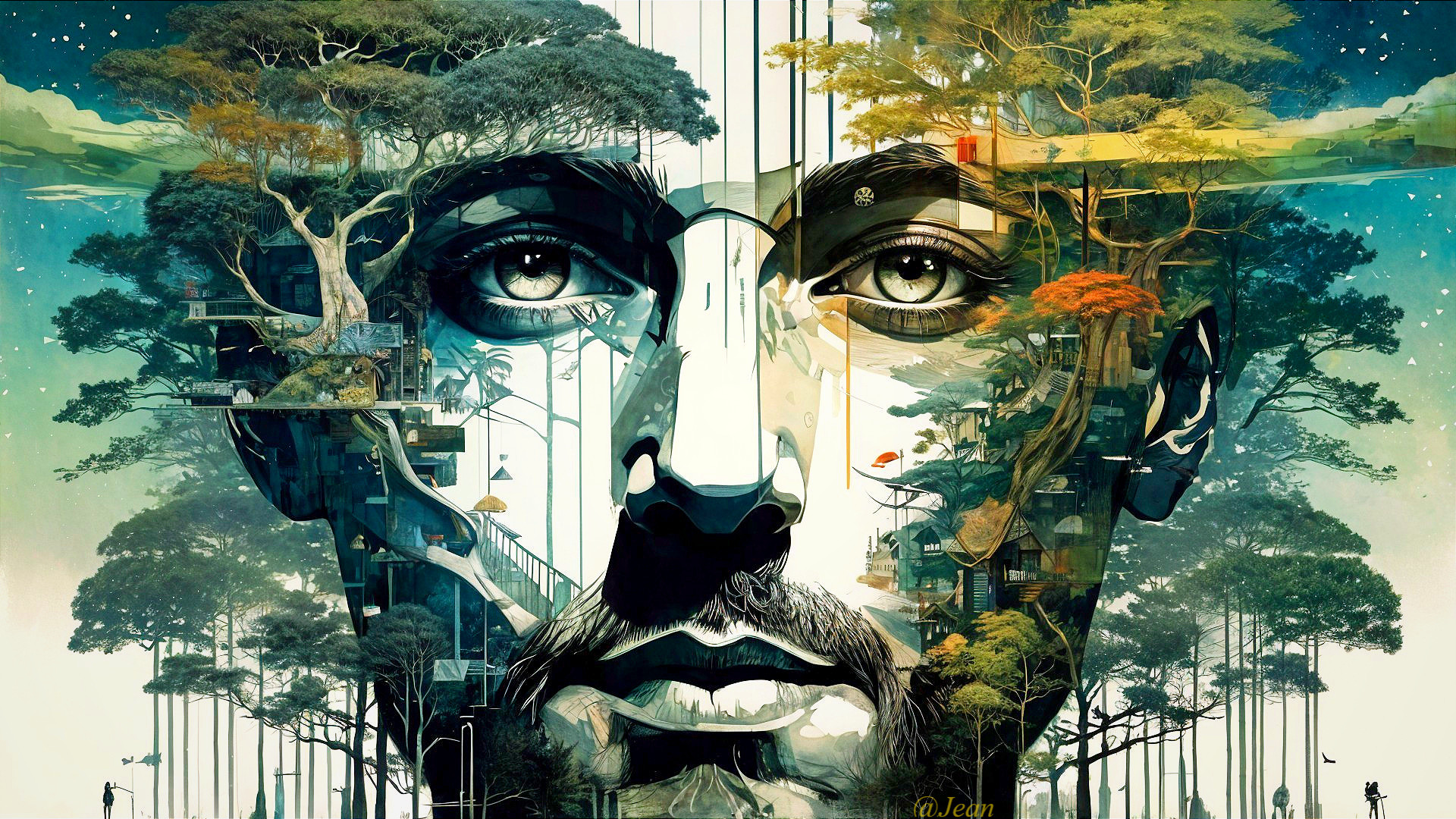 Surreal Artwork of Human Face and Nature Elements