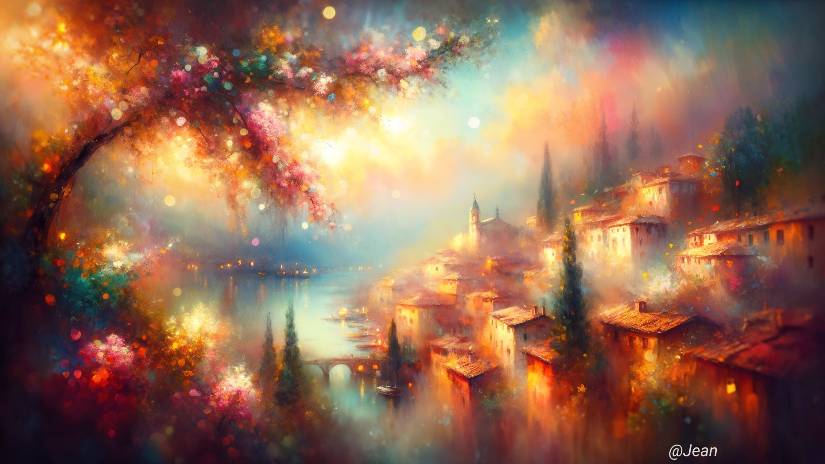 Vibrant Village Landscape by a Shimmering Lake
