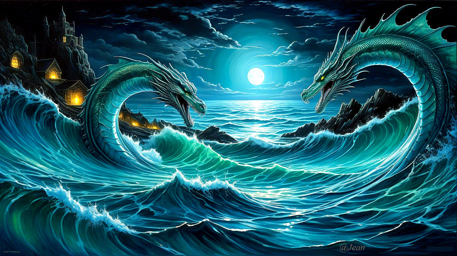 Surreal Cosmic Artwork of Blue Dragons and Ocean Waves