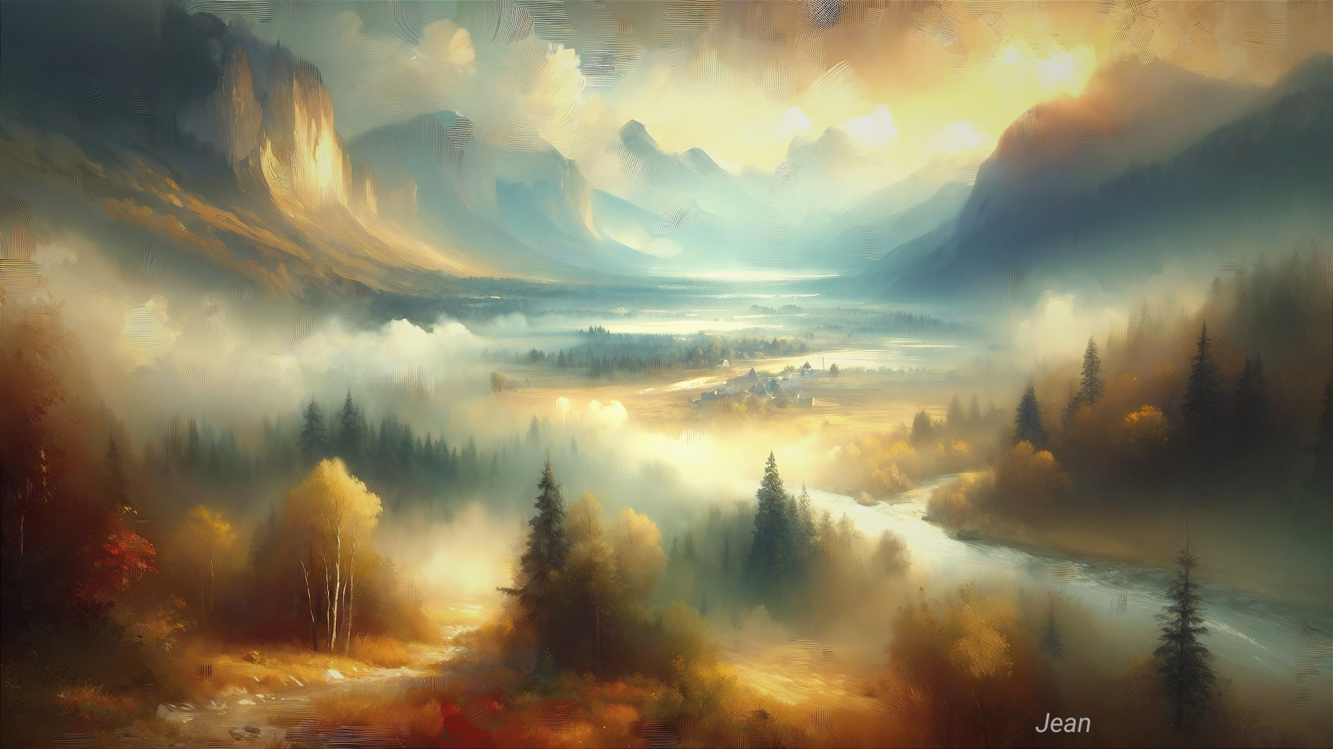 Serene Landscape with Majestic Mountains and River