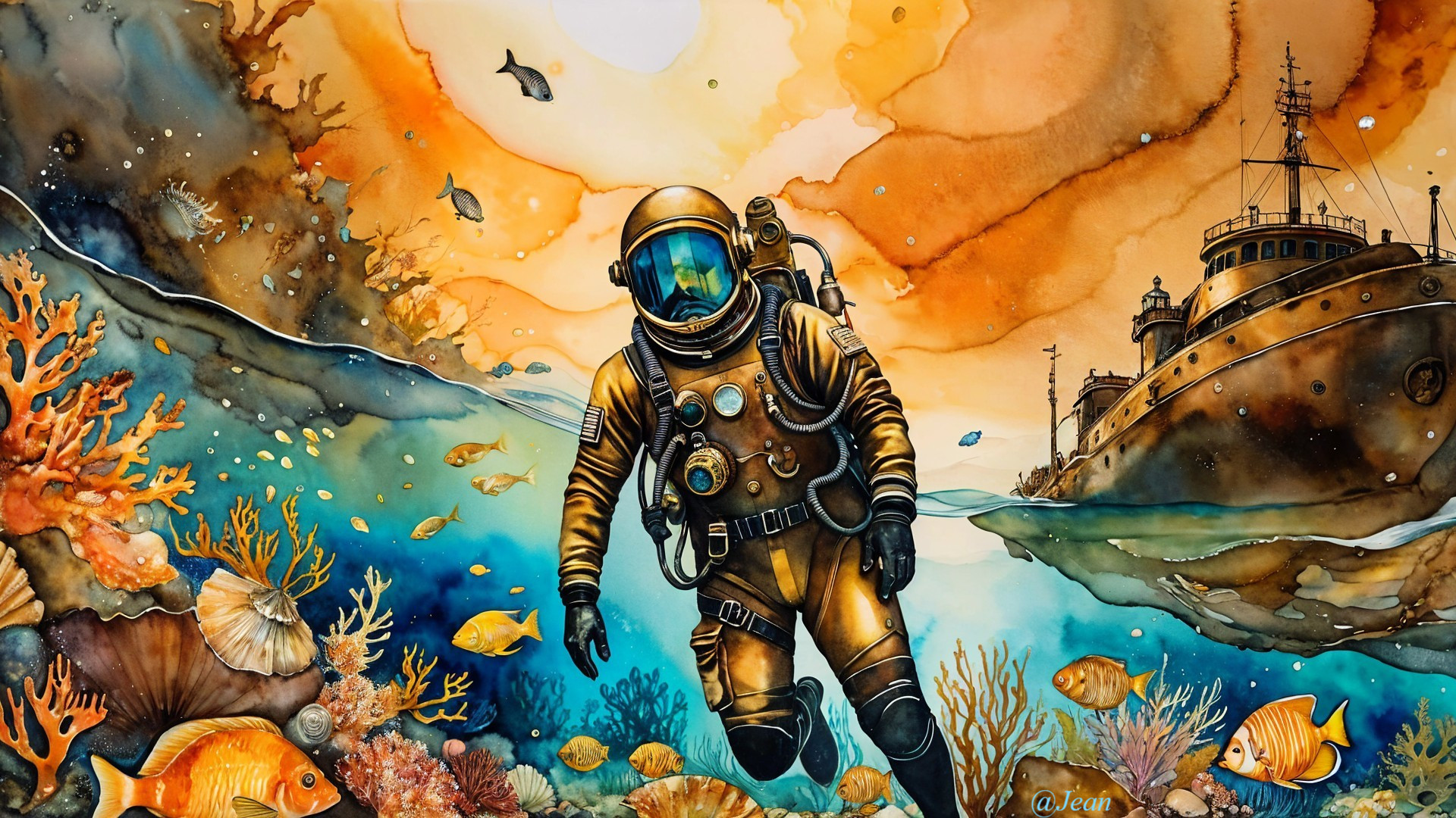 Vibrant Underwater Scene with Diver and Marine Life
