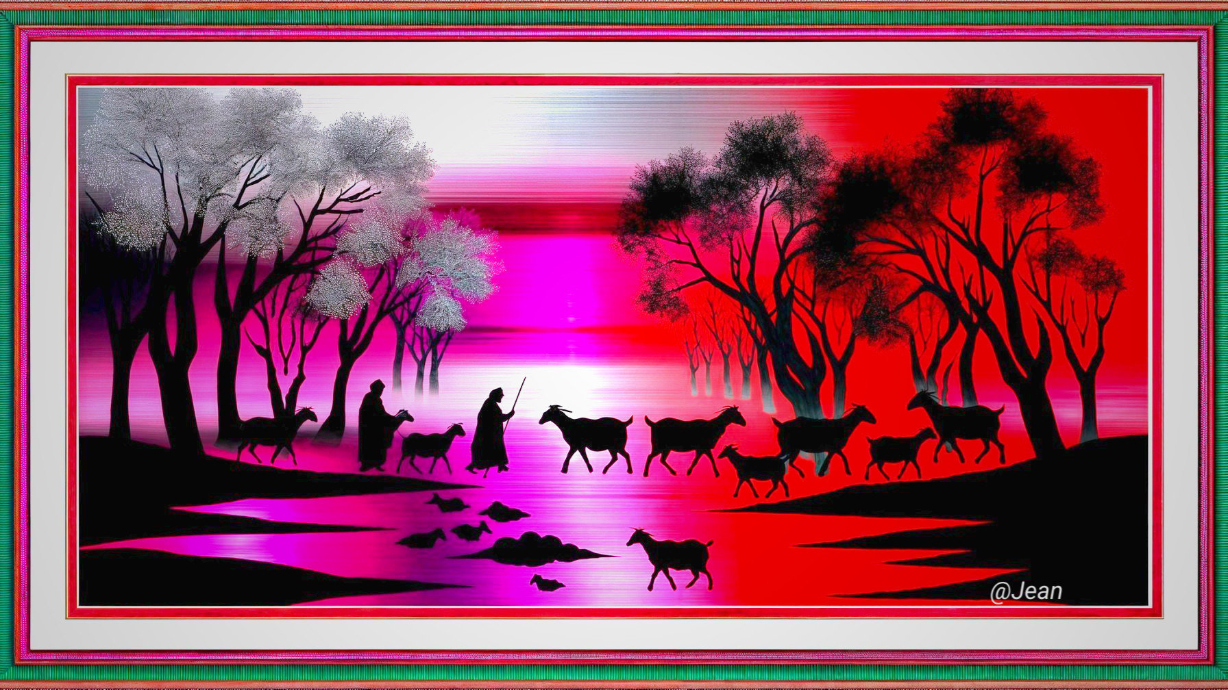 Vivid Dusk Landscape with Trees and Goats by River