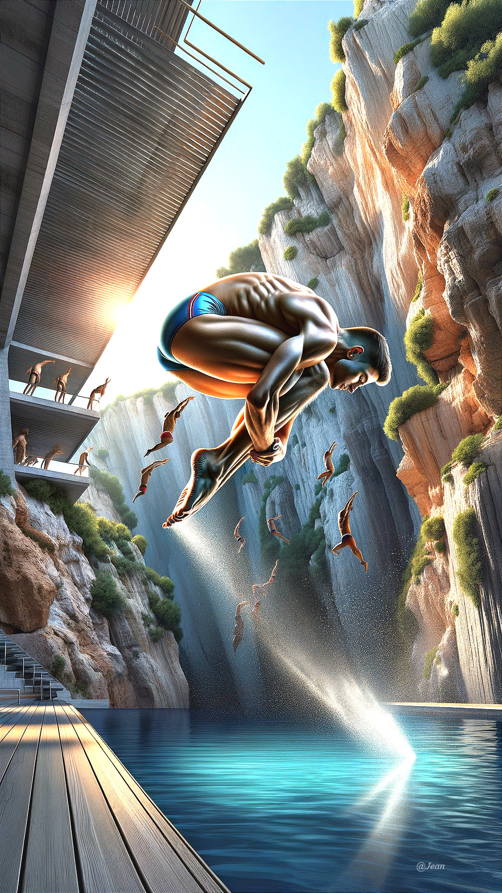 Muscular Diver Leaping into a Shimmering Pool