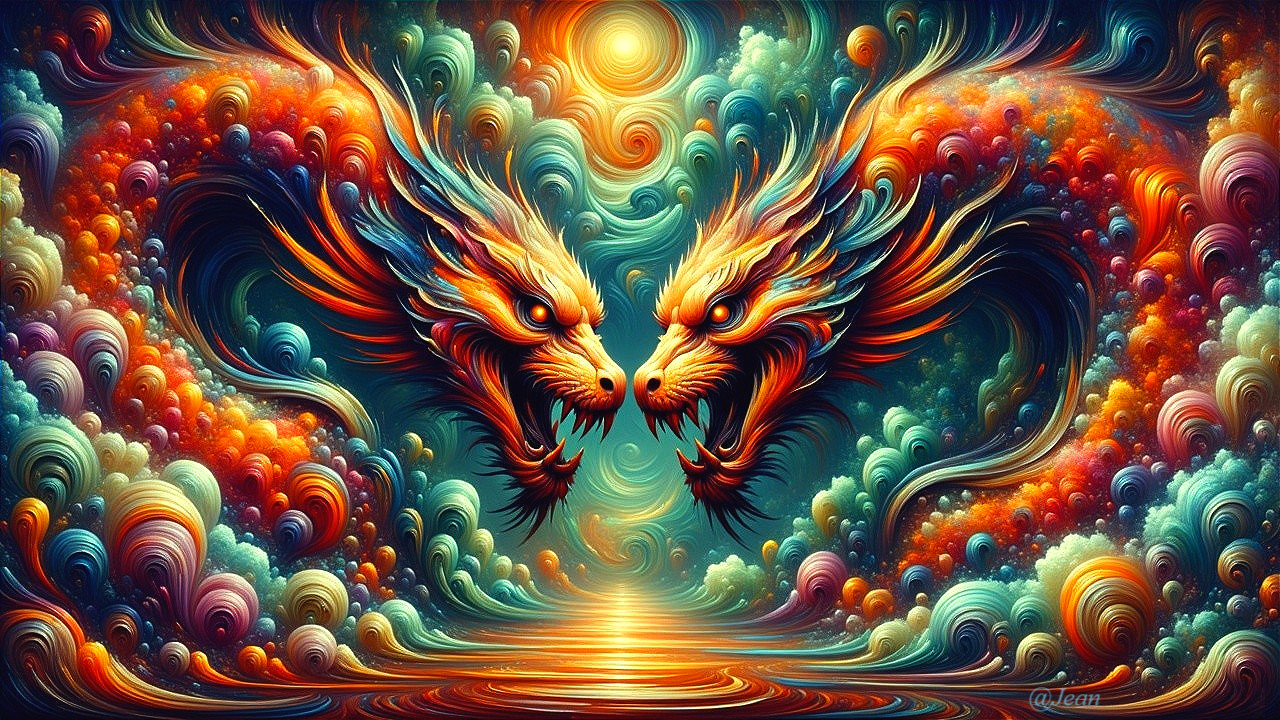 Majestic Dragons Facing Each Other in Colorful Sky