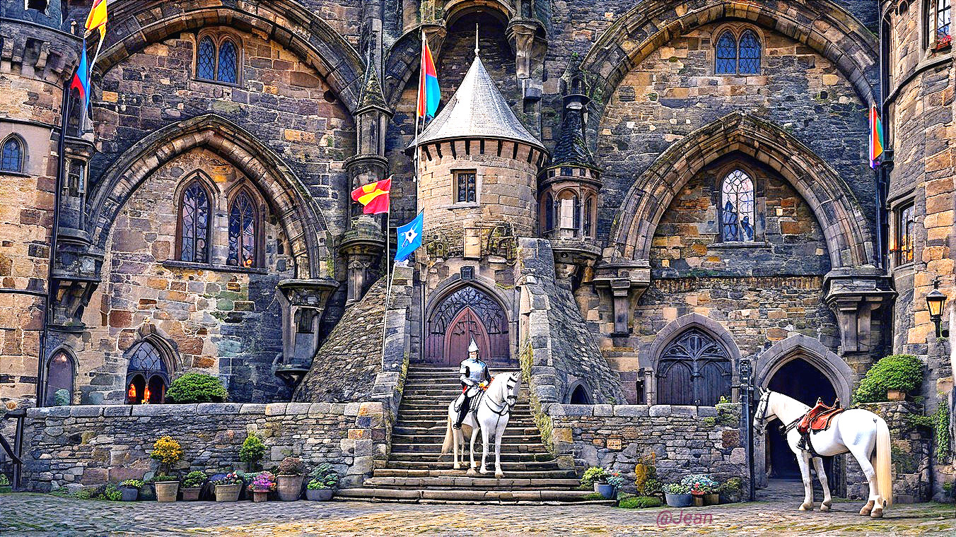 Medieval Castle with Knight and Vibrant Flags