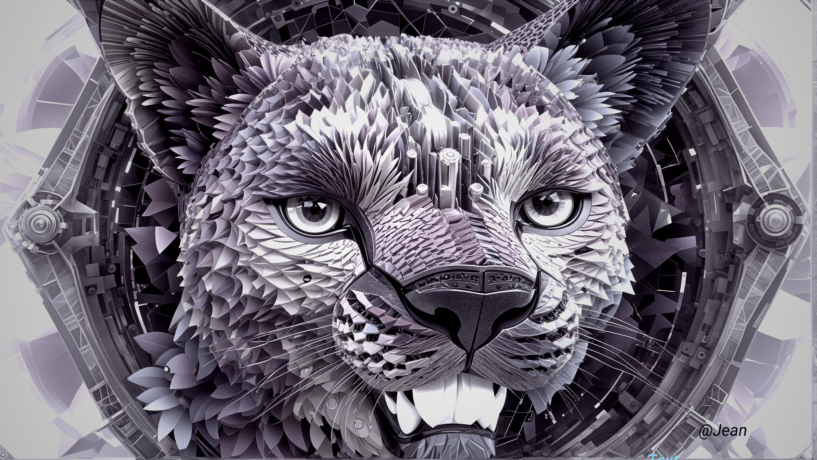 Stylized Lion Head in Geometric Gray and Purple Design