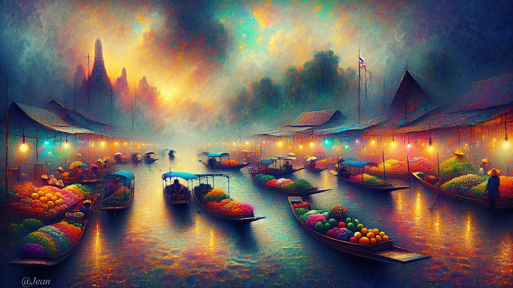 Floating Market at Dusk with Colorful Boats and Lights