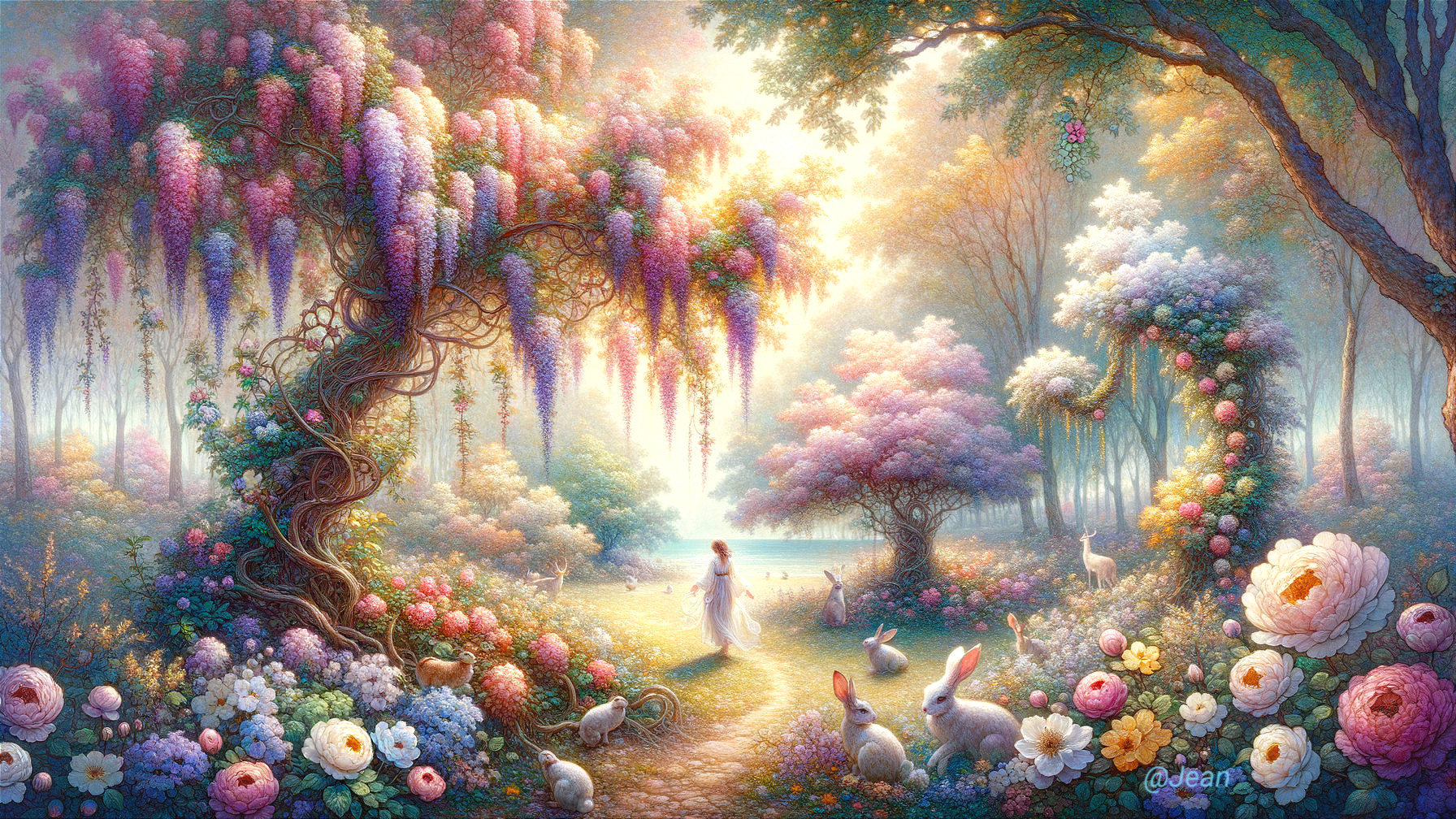 Dreamlike Garden with Figure in White and Blossoms