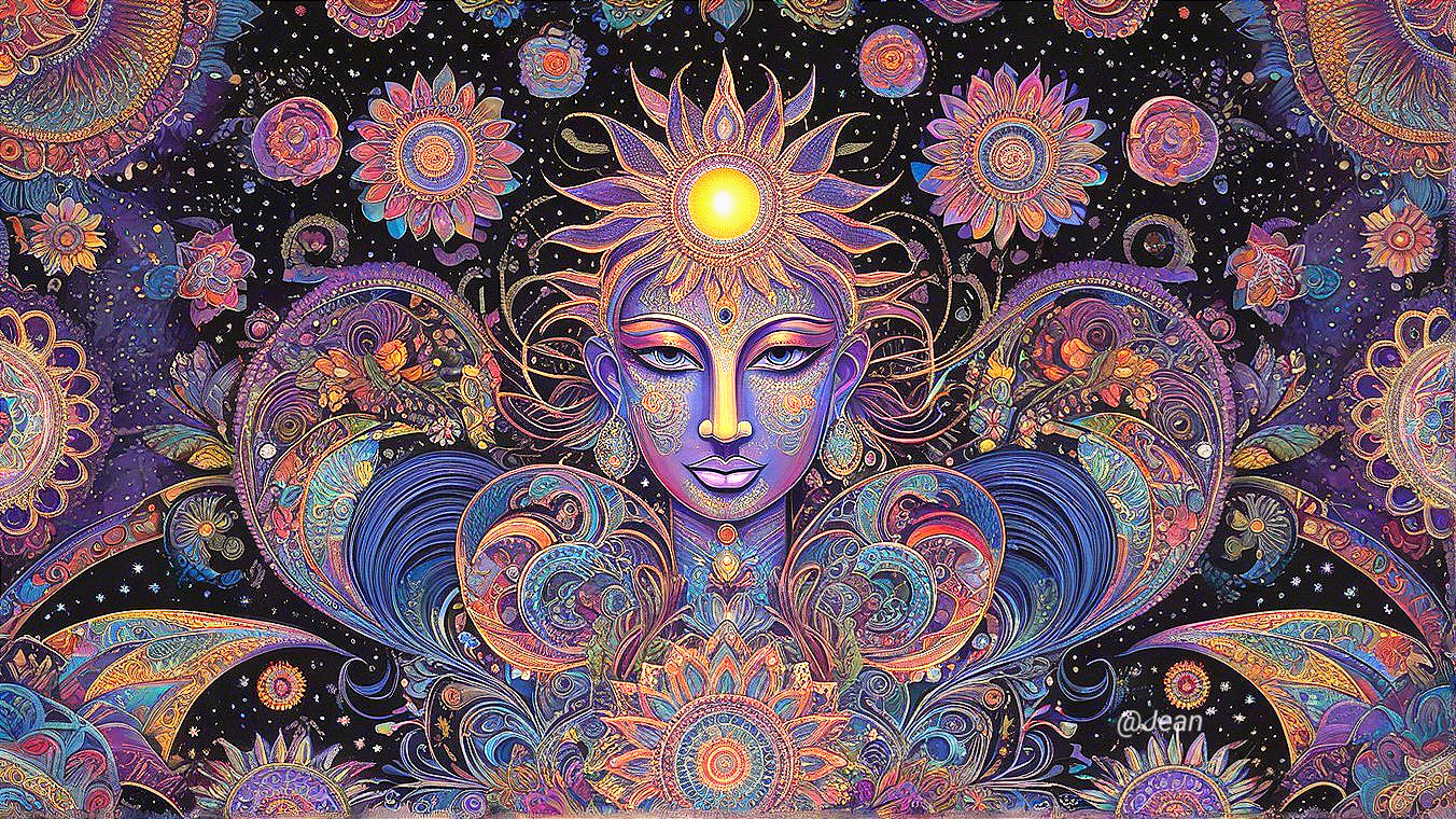 Psychedelic Illustration of Serene Figure with Patterns