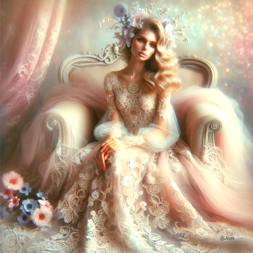 Serene Woman in Lace Gown on Ornate Sofa