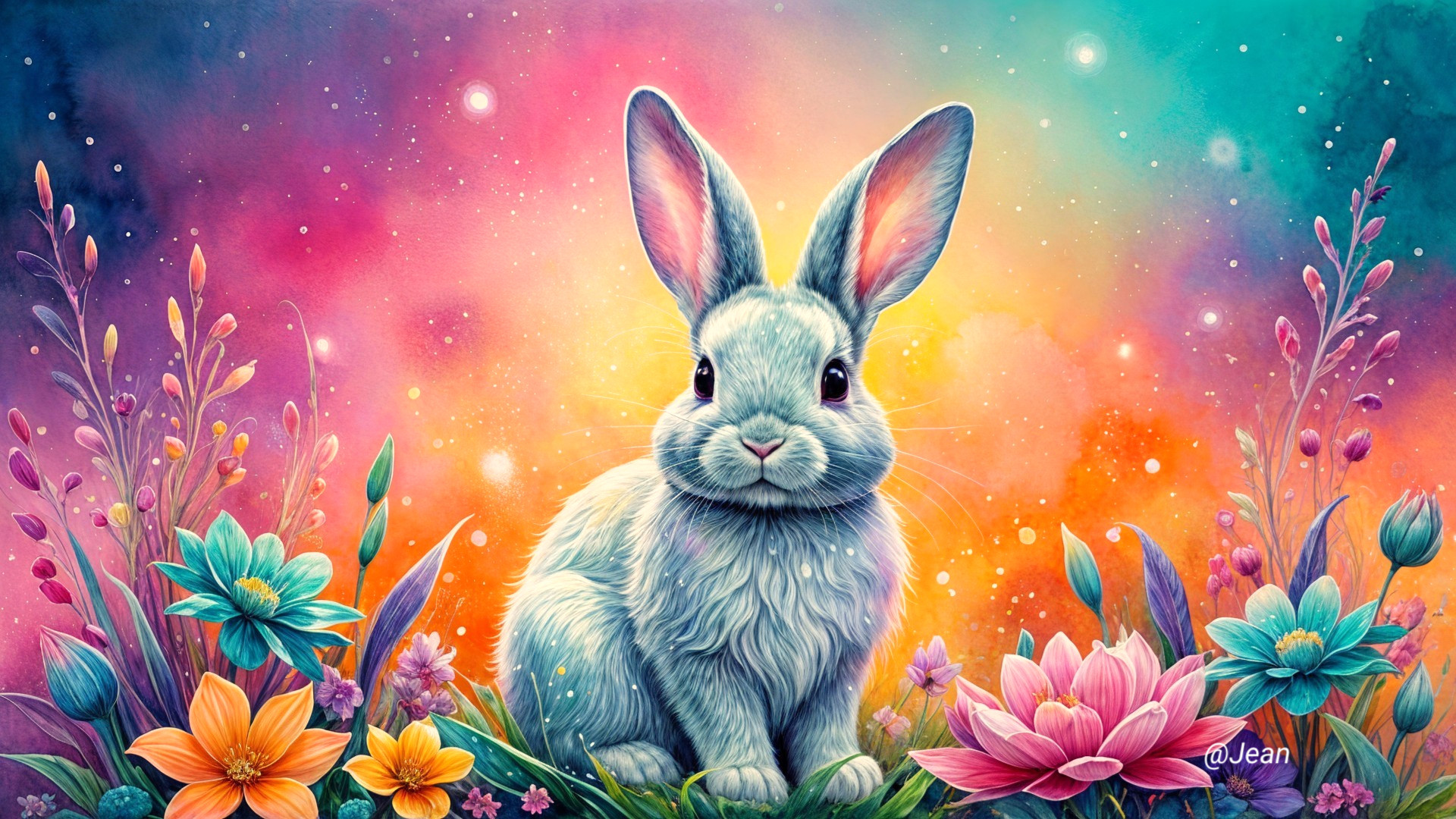 Fluffy Rabbit Surrounded by Vibrant Flowers in Pastels