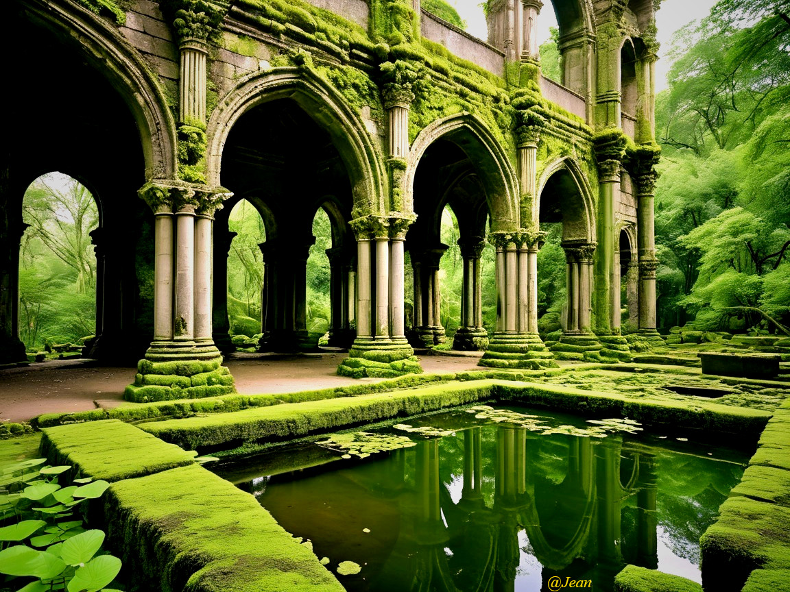 Overgrown Ruin with Arched Stone Structures and Pond