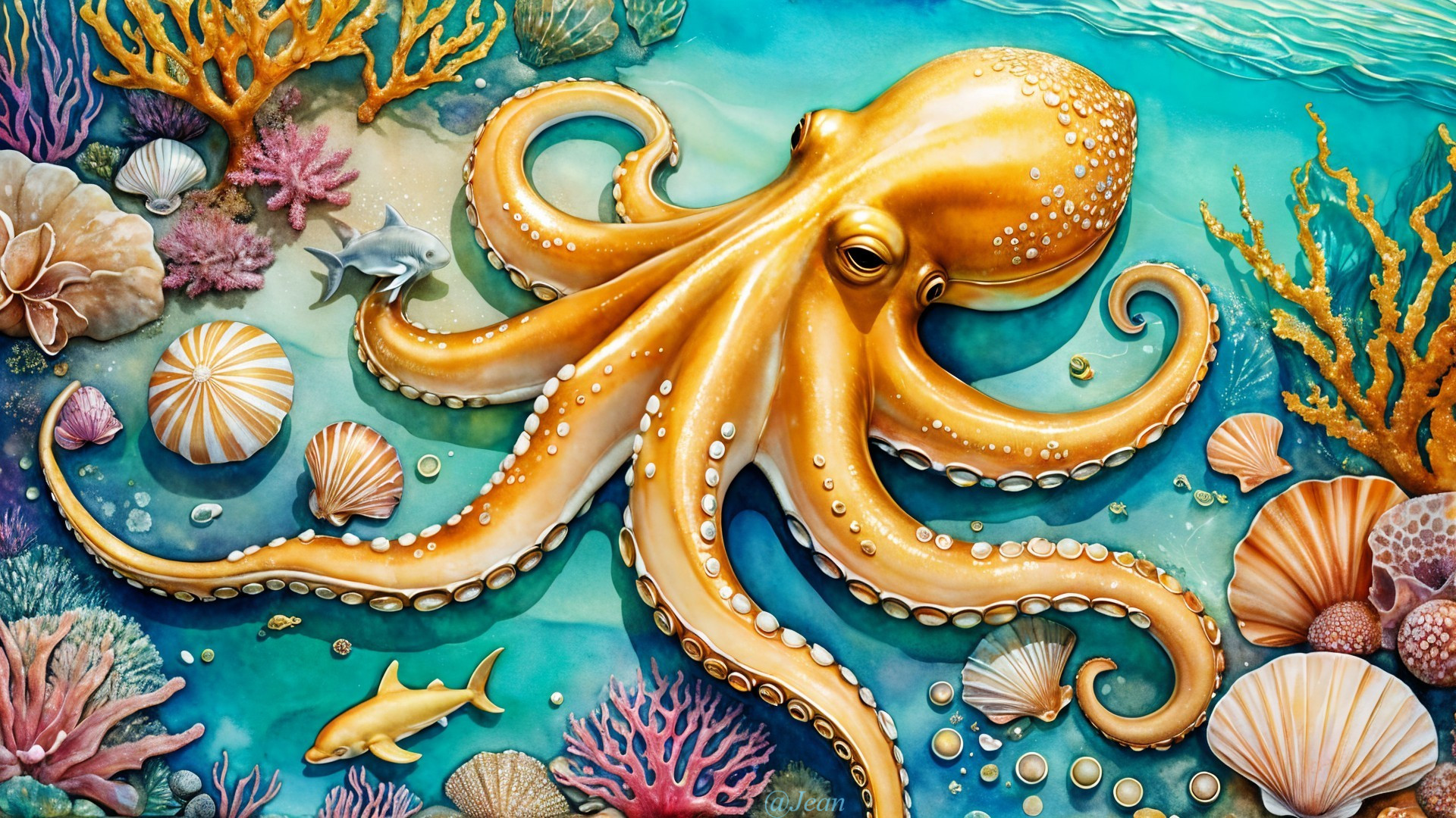 Golden Octopus in Vibrant Underwater Coral Scene