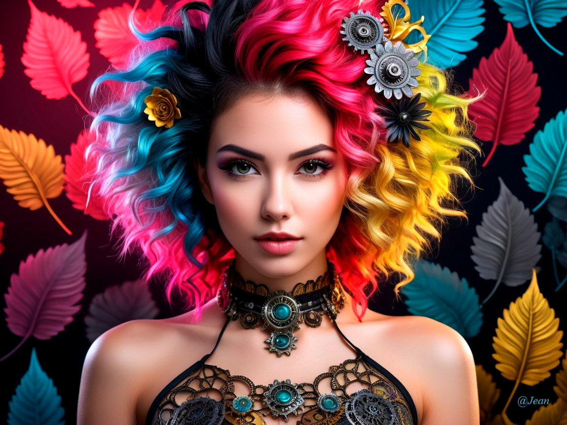 Portrait of a Young Woman with Colorful Hair and Lace Choker