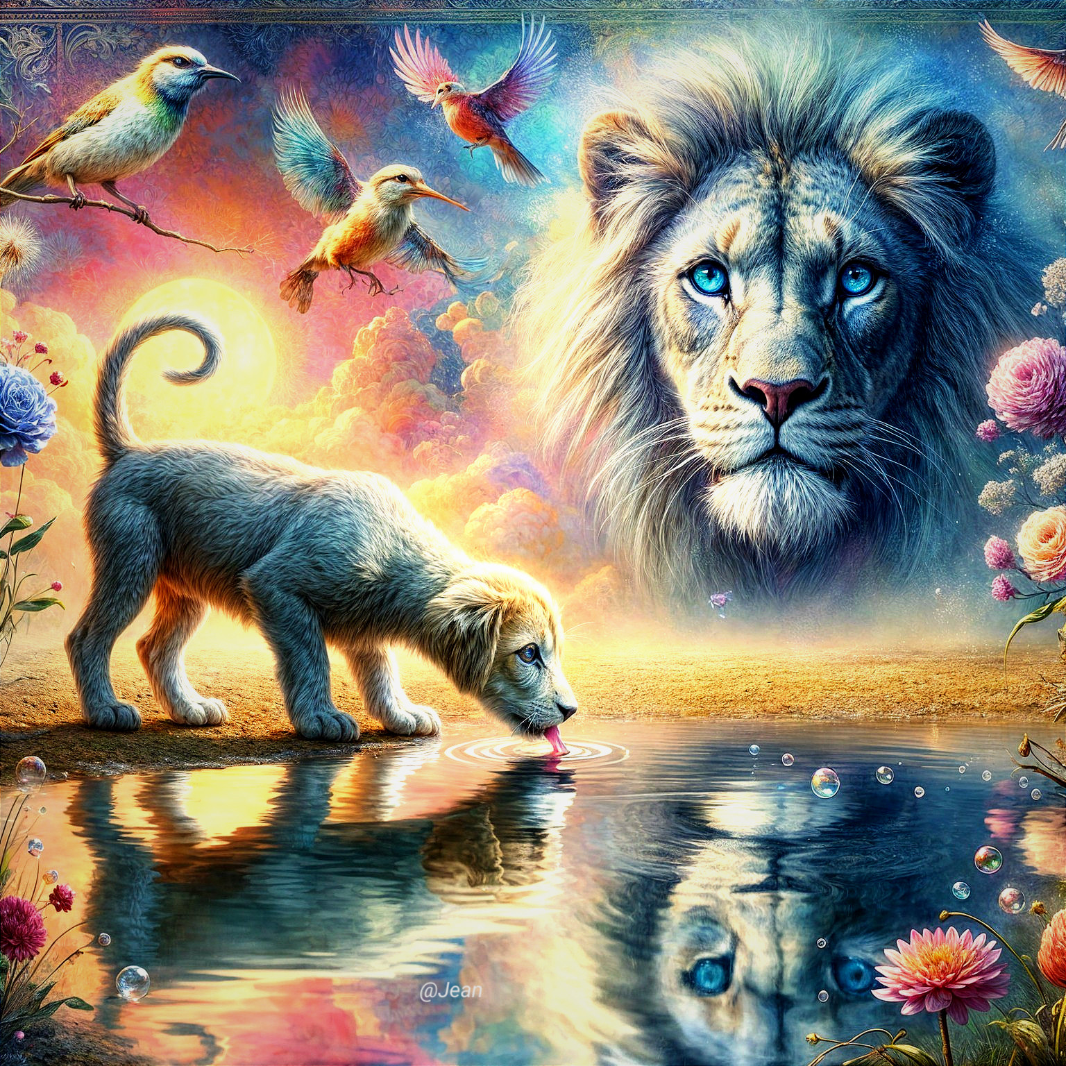 Young Lion Cub at Reflective Pool in Dreamlike Setting